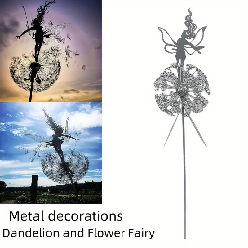 Dancing Fairy and Dandelion, Garden Art Sculpture, Stainless Steel Statue, Festival Decoration, Outdoor Courtyard, Lawn, Terrace Metal Decoration Halloween Christmas Gift