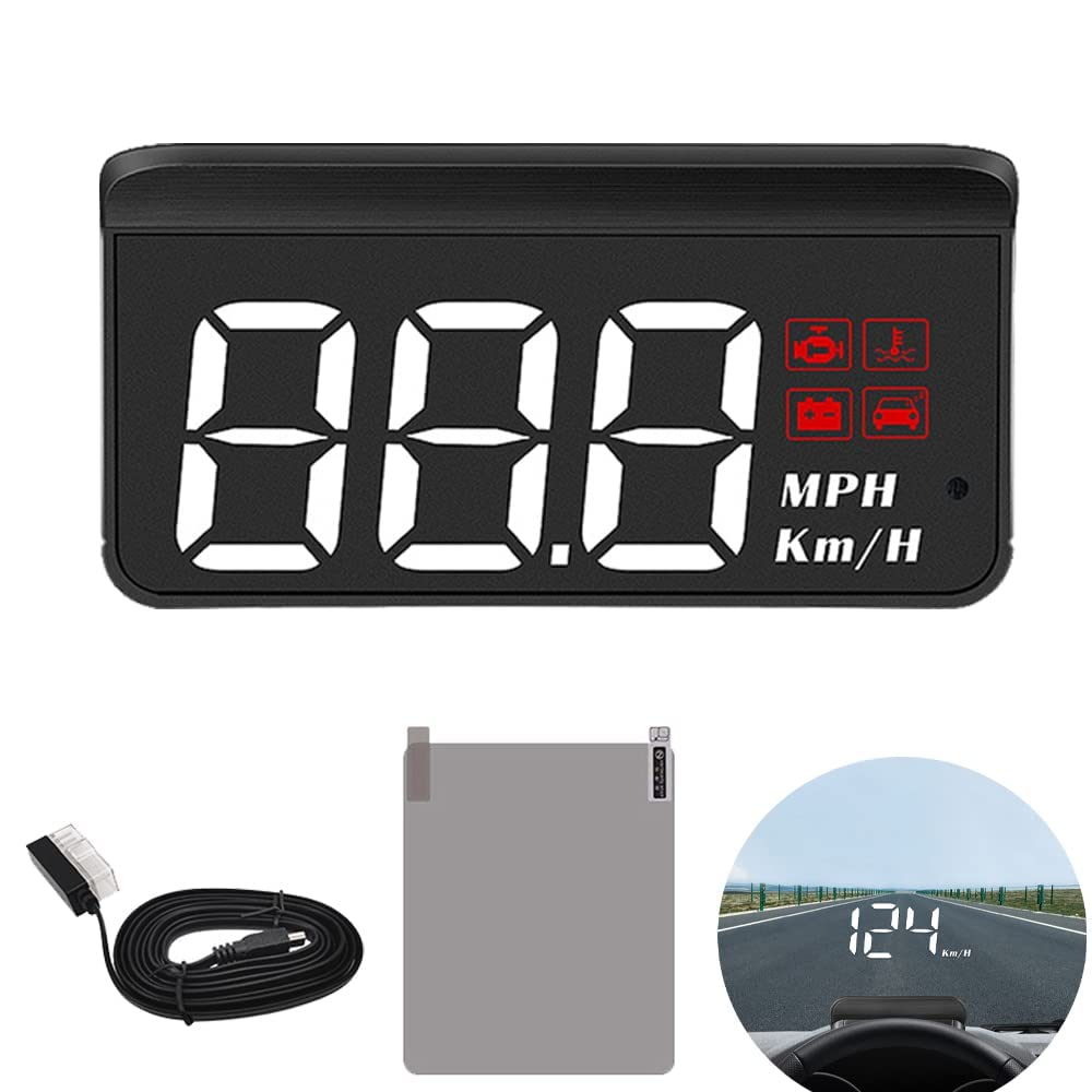 Car Portable Speed Monitor, M3 Head Up Display Car Universal HUD with OBD Cable, Speedometer Engine RPM Water Temperature Overspeed Warning Mileage Measurement All in One