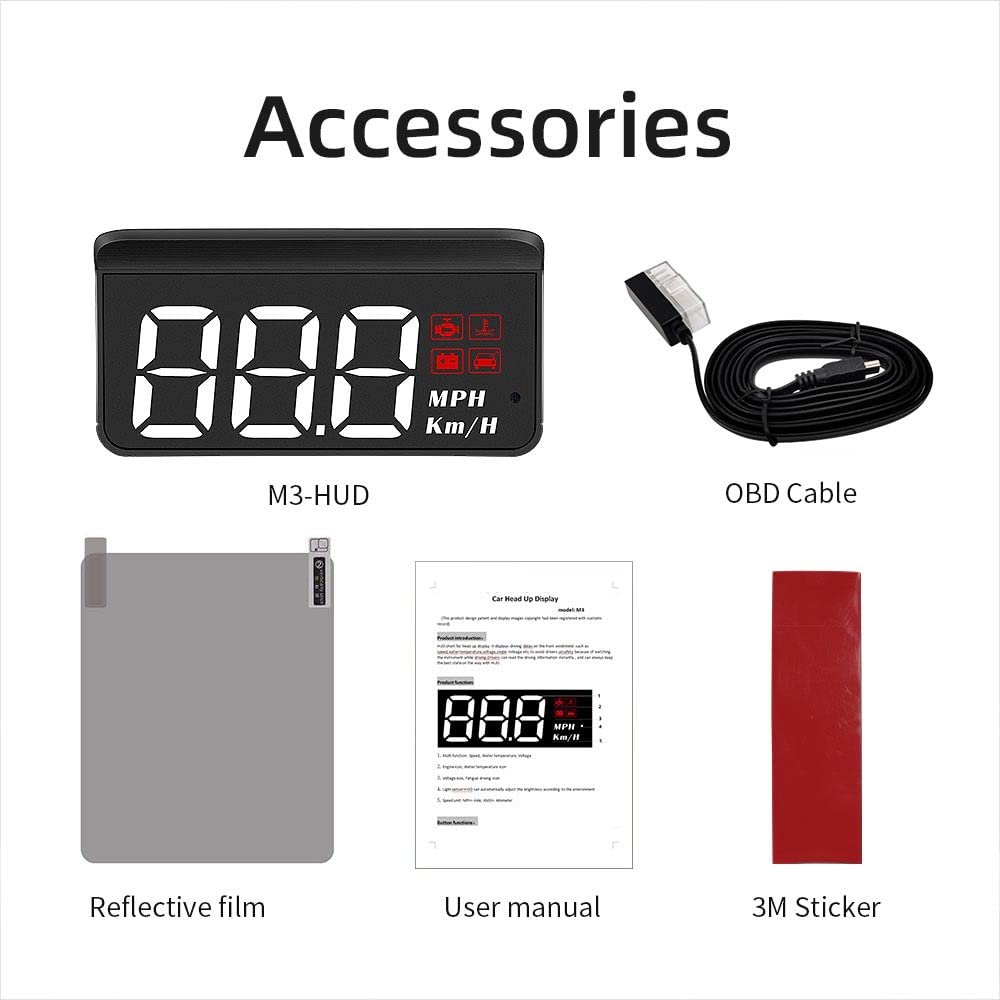 Car Portable Speed Monitor, M3 Head Up Display Car Universal HUD with OBD Cable, Speedometer Engine RPM Water Temperature Overspeed Warning Mileage Measurement All in One