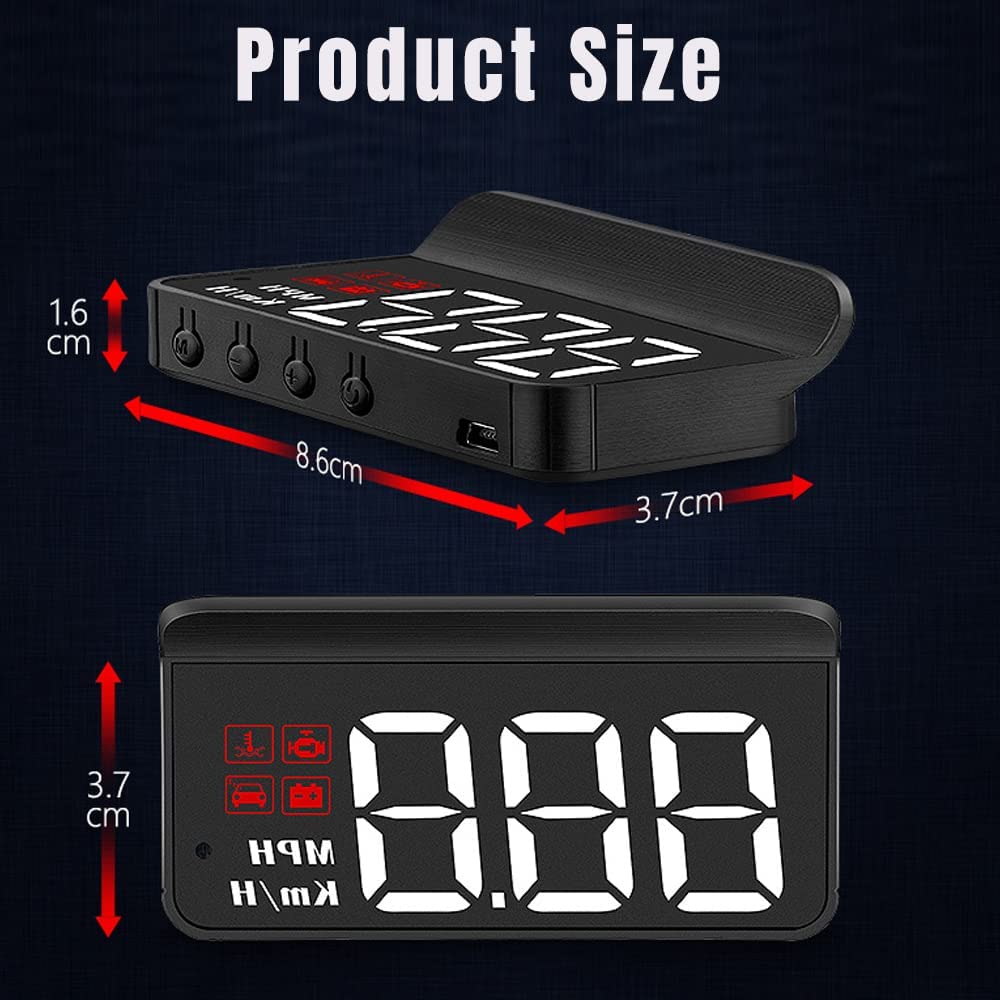 Car Portable Speed Monitor, M3 Head Up Display Car Universal HUD with OBD Cable, Speedometer Engine RPM Water Temperature Overspeed Warning Mileage Measurement All in One