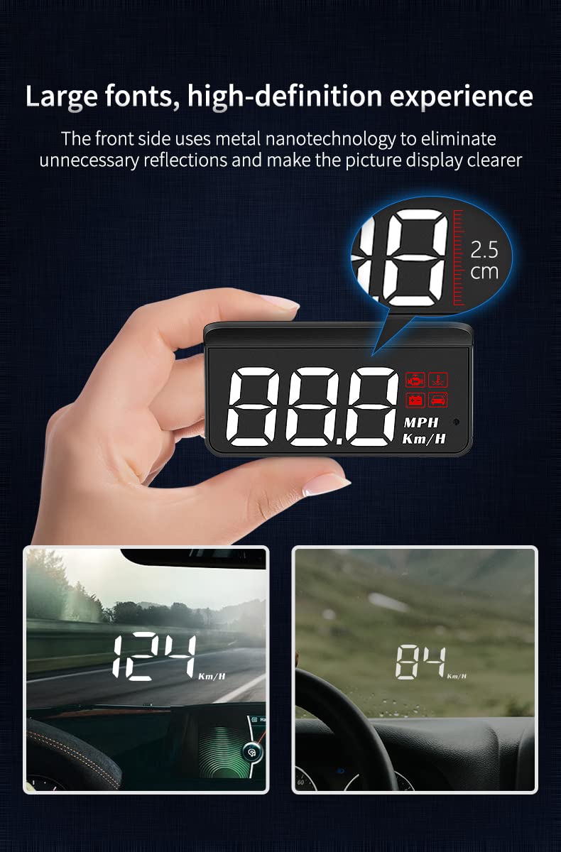 Car Portable Speed Monitor, M3 Head Up Display Car Universal HUD with OBD Cable, Speedometer Engine RPM Water Temperature Overspeed Warning Mileage Measurement All in One