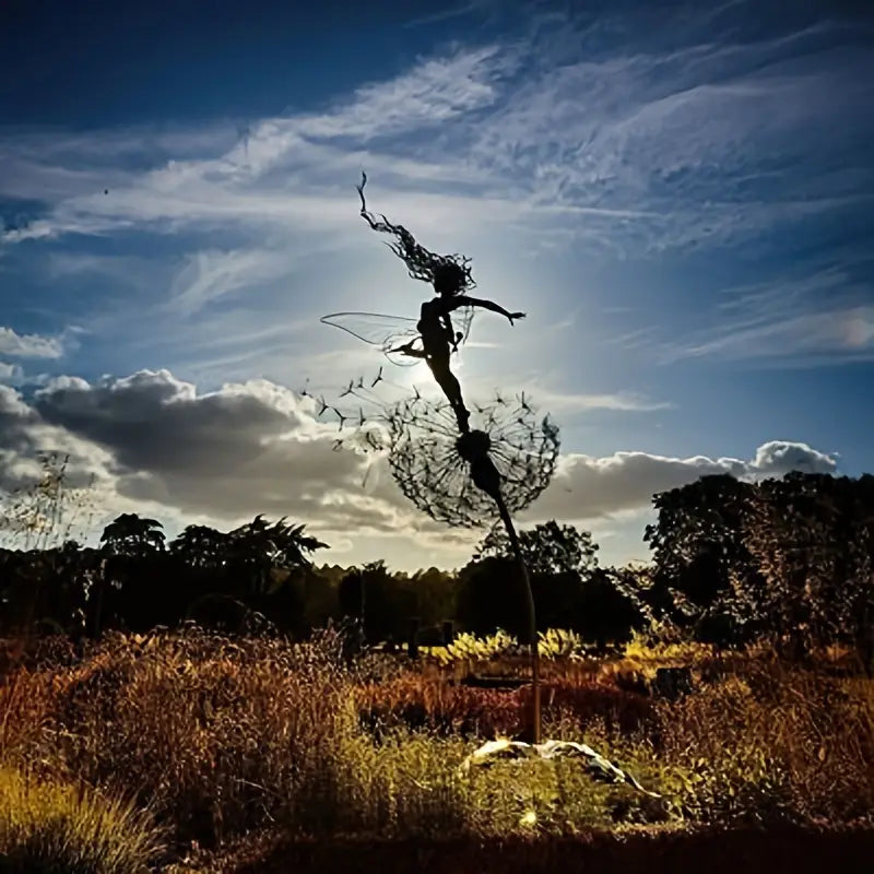 Dancing Fairy and Dandelion, Garden Art Sculpture, Stainless Steel Statue, Festival Decoration, Outdoor Courtyard, Lawn, Terrace Metal Decoration Halloween Christmas Gift