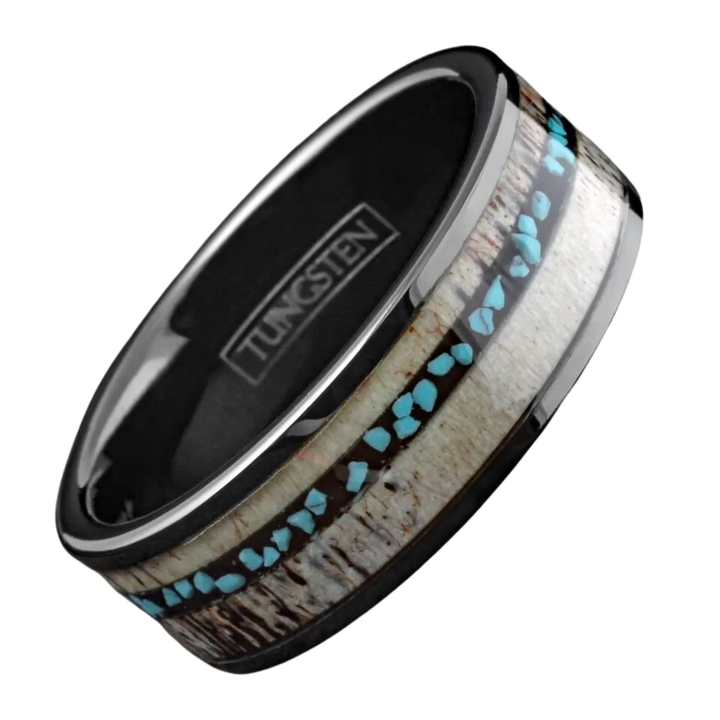 Personalized Deer Antler & Turquoise Wedding Band | Black Tungsten Carbide Men's Ring | Memorial Day Gifts | 8mm Width