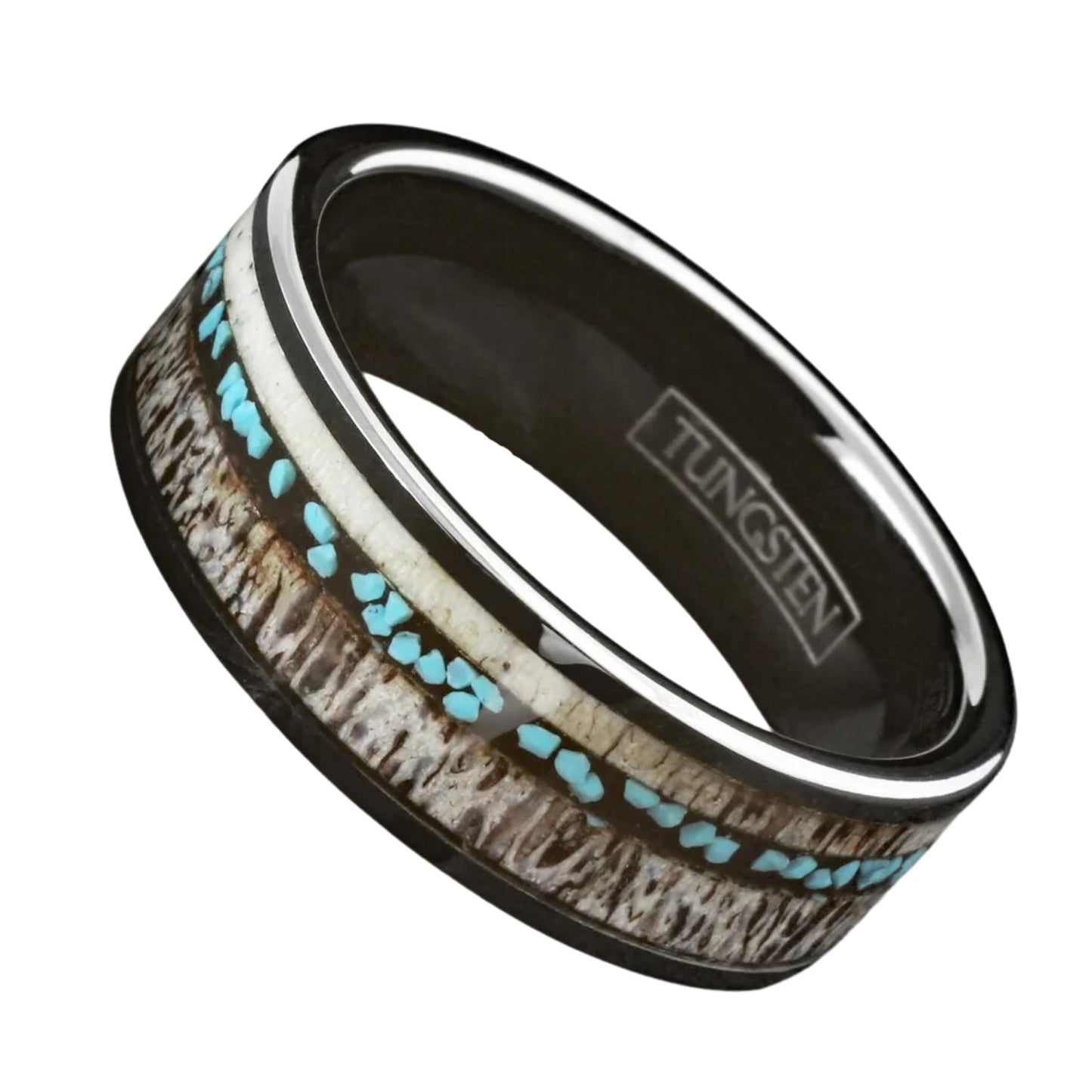 Personalized Deer Antler & Turquoise Wedding Band | Black Tungsten Carbide Men's Ring | Memorial Day Gifts | 8mm Width