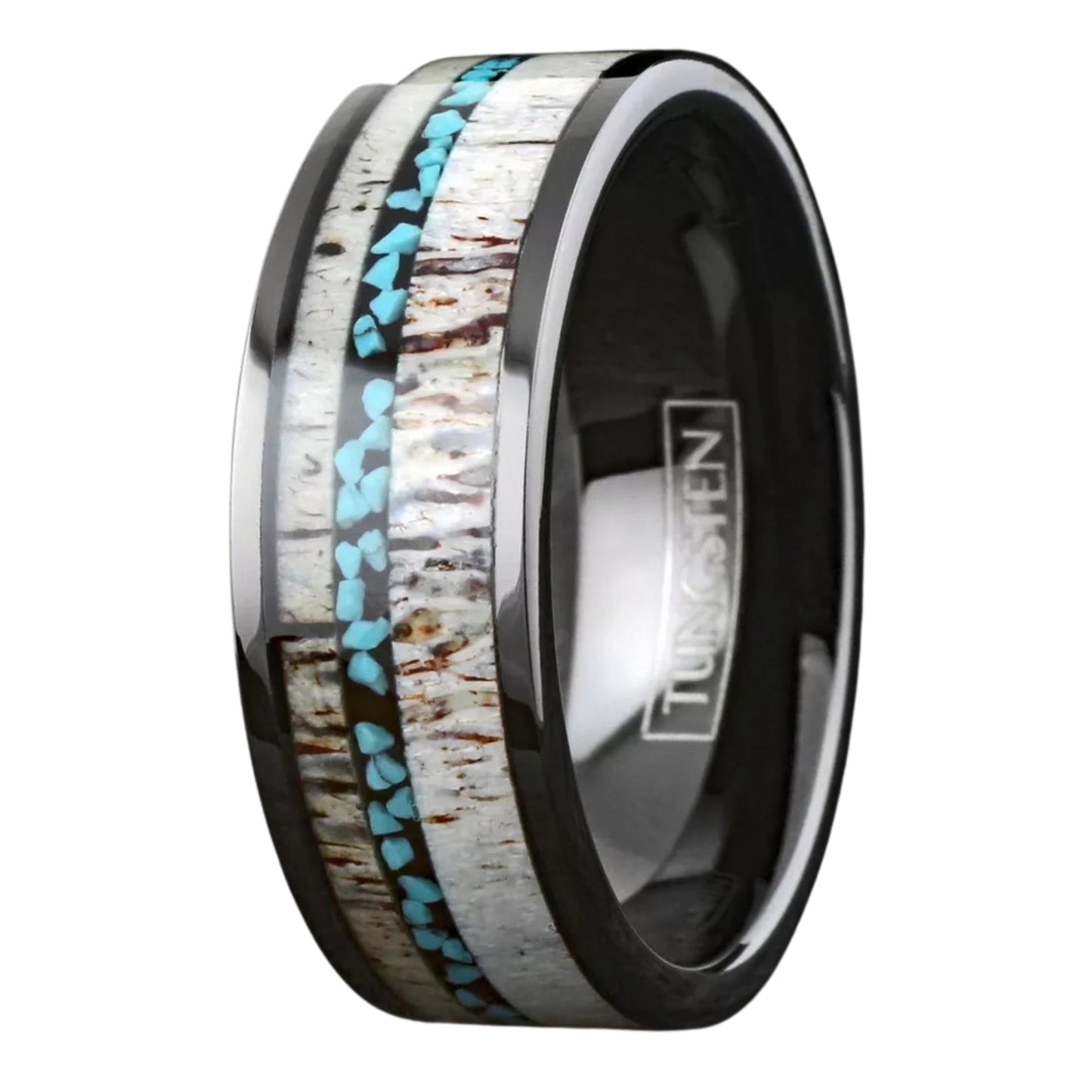 Personalized Deer Antler & Turquoise Wedding Band | Black Tungsten Carbide Men's Ring | Memorial Day Gifts | 8mm Width