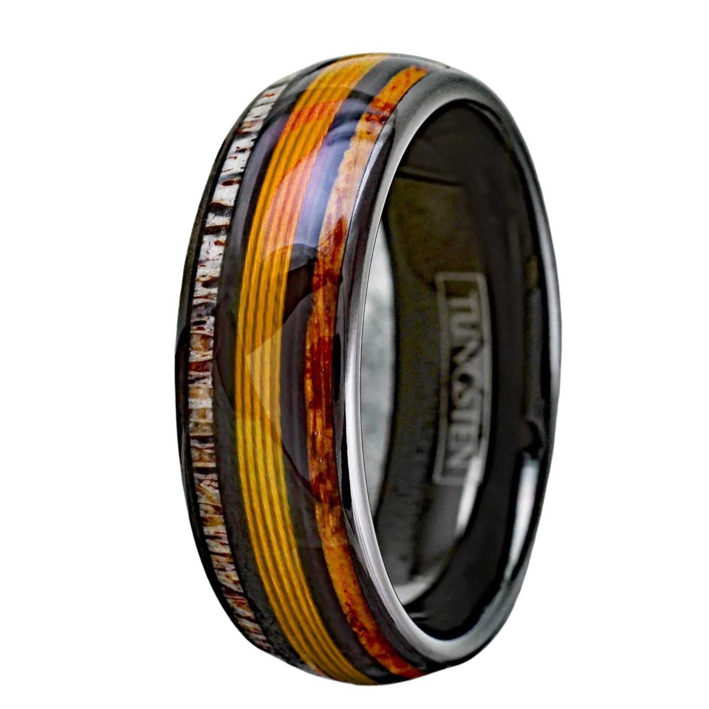 Personalized Engraved Black Tungsten Ring for Men | Whiskey Barrel & Deer Antler Ring | Gold Fishing Line Jewelry | 8mm Width