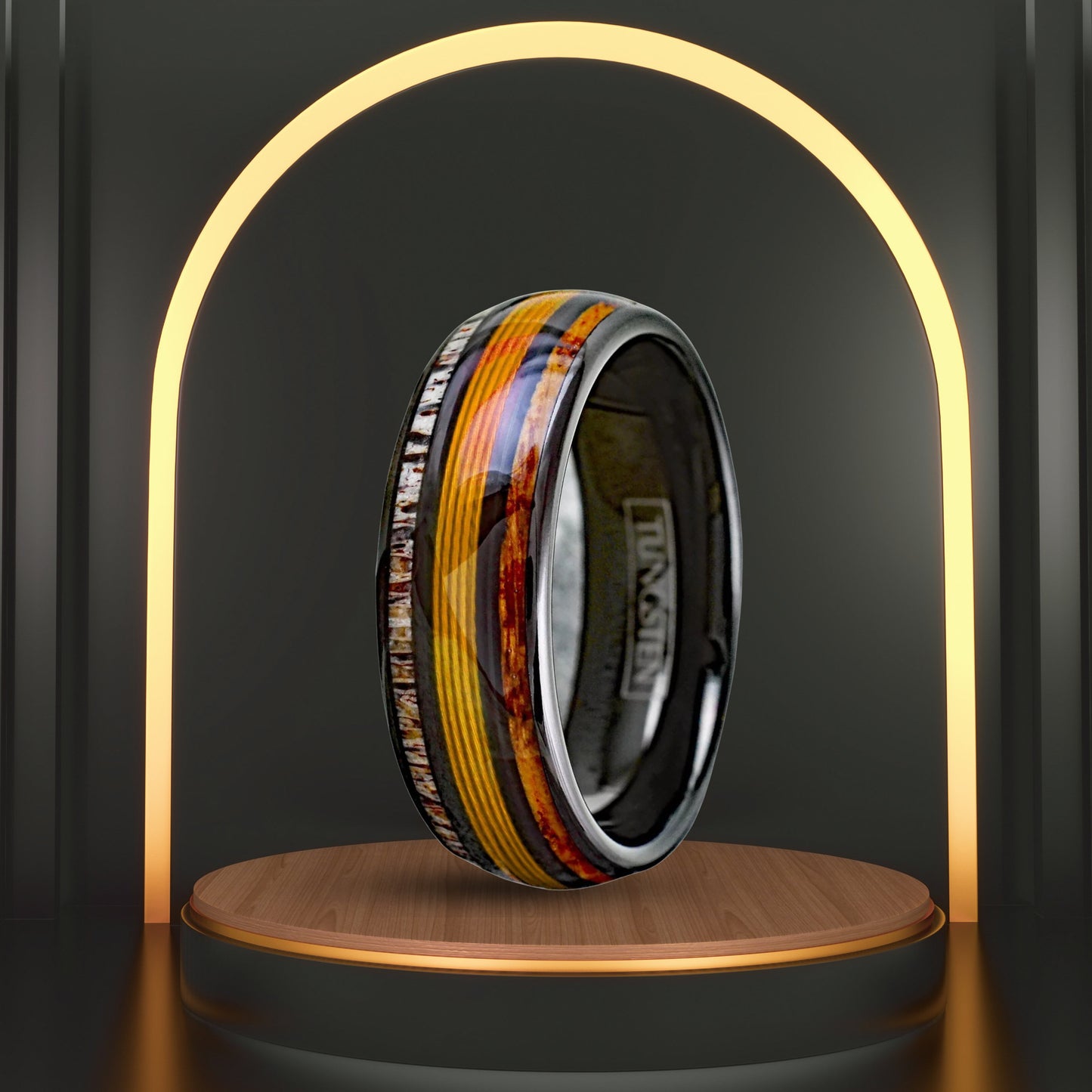 Personalized Engraved Black Tungsten Ring for Men | Whiskey Barrel & Deer Antler Ring | Gold Fishing Line Jewelry | 8mm Width