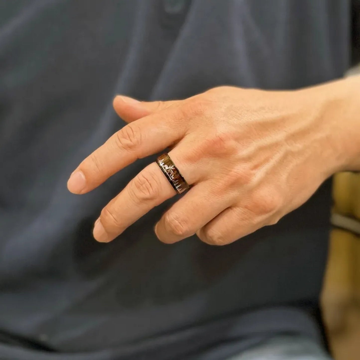 Deer Animal Family Band for Men | Black Tungsten and Natural Forest Wood Ring | Personalized Jewelry for Him | 8mm Width