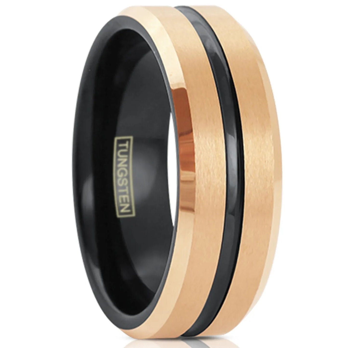 Engravable Tungsten RIng Jewelry | Men's Brushed Rose Gold Plated w/ Black Stripe Wedding Band Ring | 8mm Tungsten Band with Box