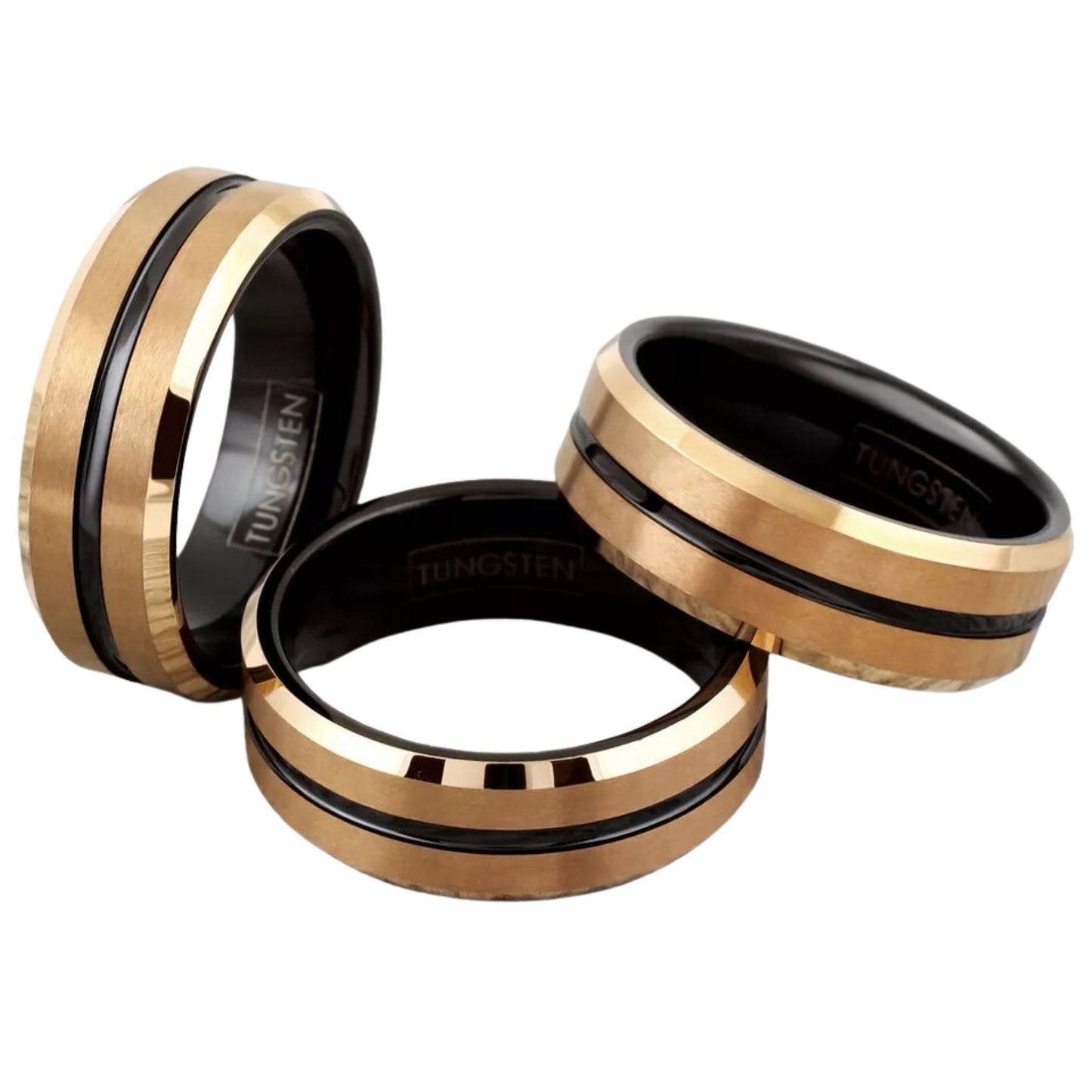 Engravable Tungsten RIng Jewelry | Men's Brushed Rose Gold Plated w/ Black Stripe Wedding Band Ring | 8mm Tungsten Band with Box