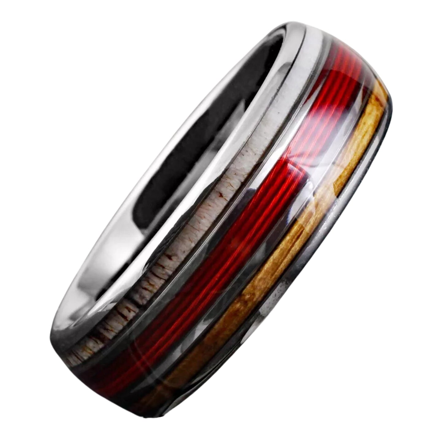 Minimalist Engravable Red Fishing Line-Whiskey Barrel & Deer Antler Band | Black Tungsten Ring for Engagement | Unique Gift