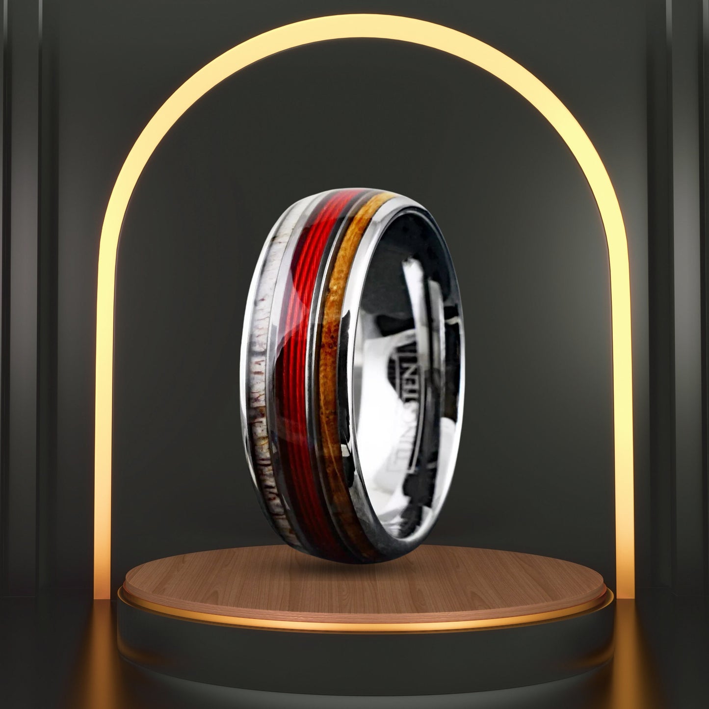 Minimalist Engravable Red Fishing Line-Whiskey Barrel & Deer Antler Band | Black Tungsten Ring for Engagement | Unique Gift
