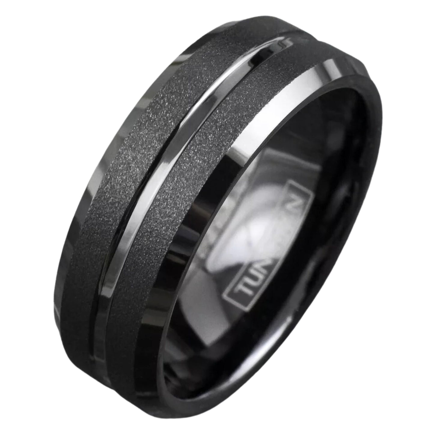 Black and Silver Sand Blast Tungsten Band | Men's Silver Inlay Groove Wedding Band Ring | Gift for Father | 8mm Elegant Ring