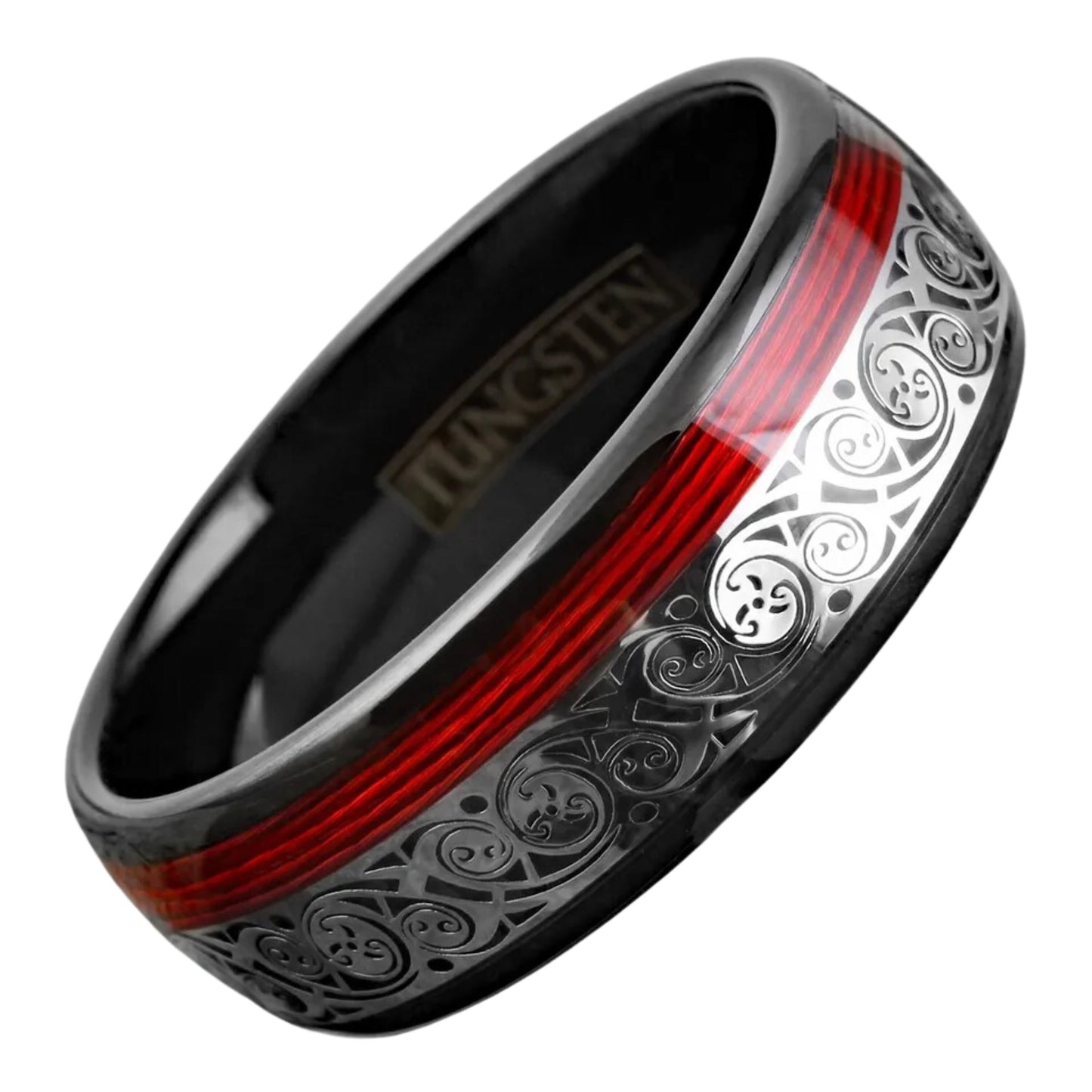 Father’s Day Gift | Black Tungsten Men's Band Ring | Clockwork Gears & Red Wire Wedding Band | 8mm Size 9 Rings