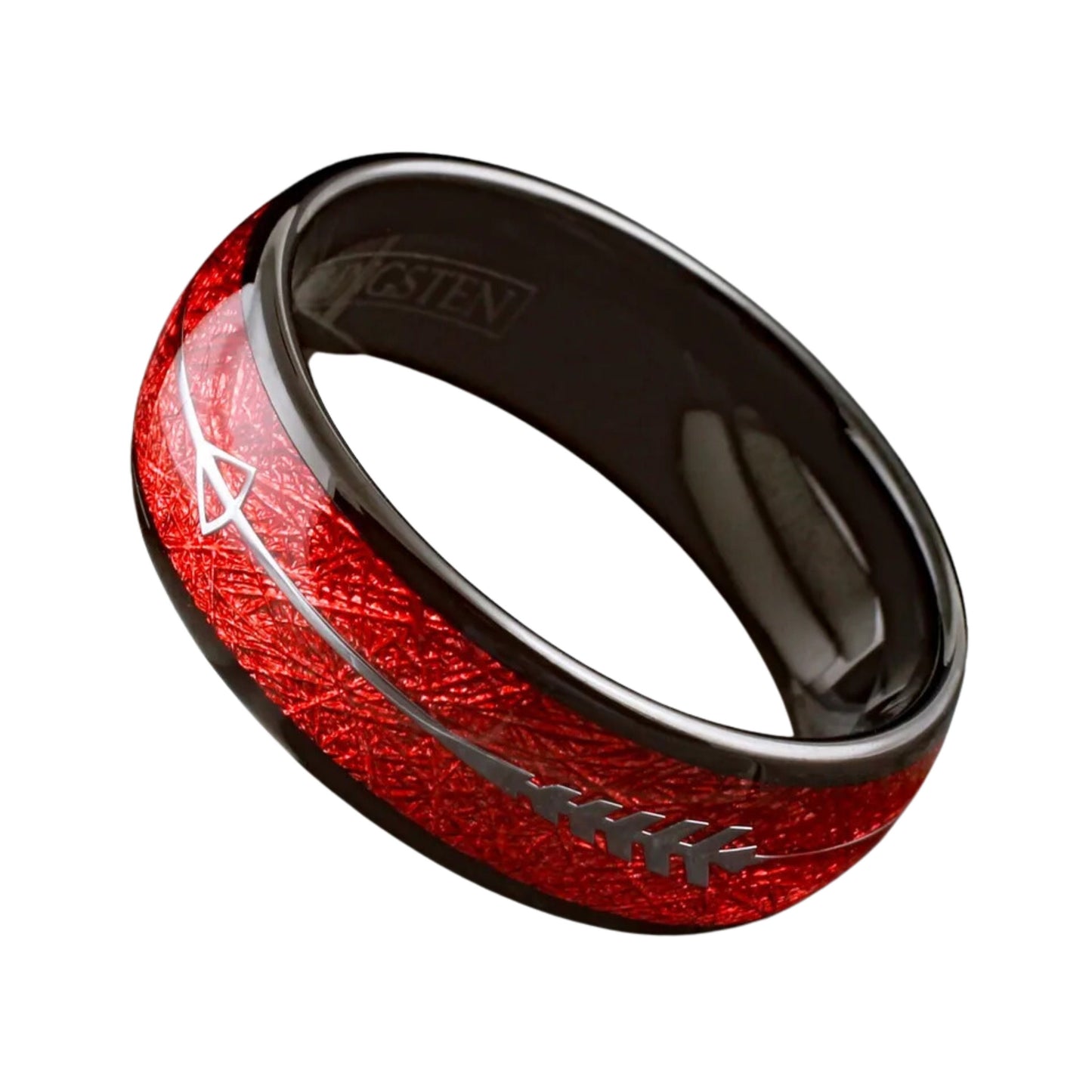 Engravable Red Meteorite w/ Silver Arrow Wedding Band | Black Tungsten Men's Ring | Father’s Day Gift