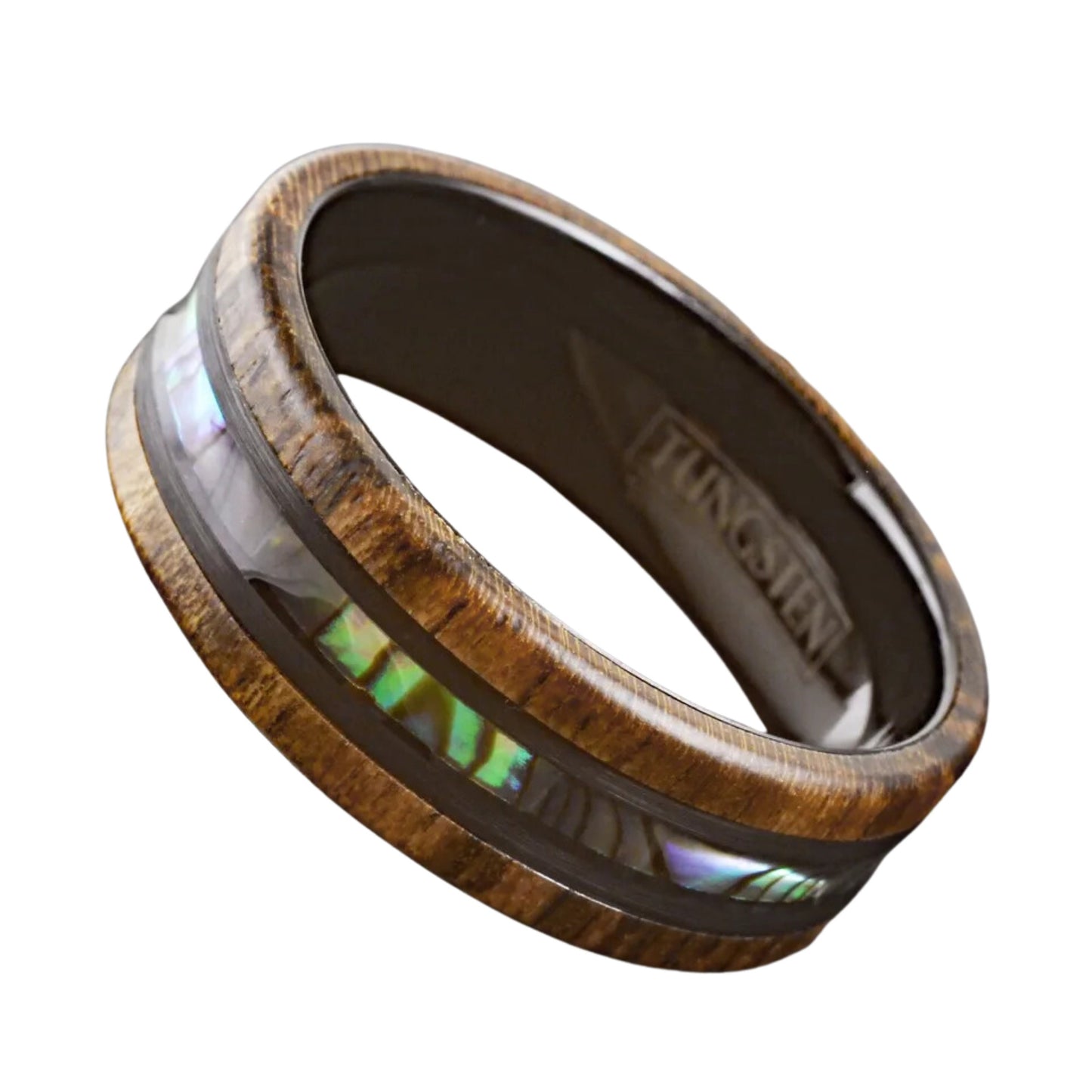 Personalized Black Men's Tungsten Ring | Golden Sandalwood with Abalone Inlay | Wedding Band for Groom