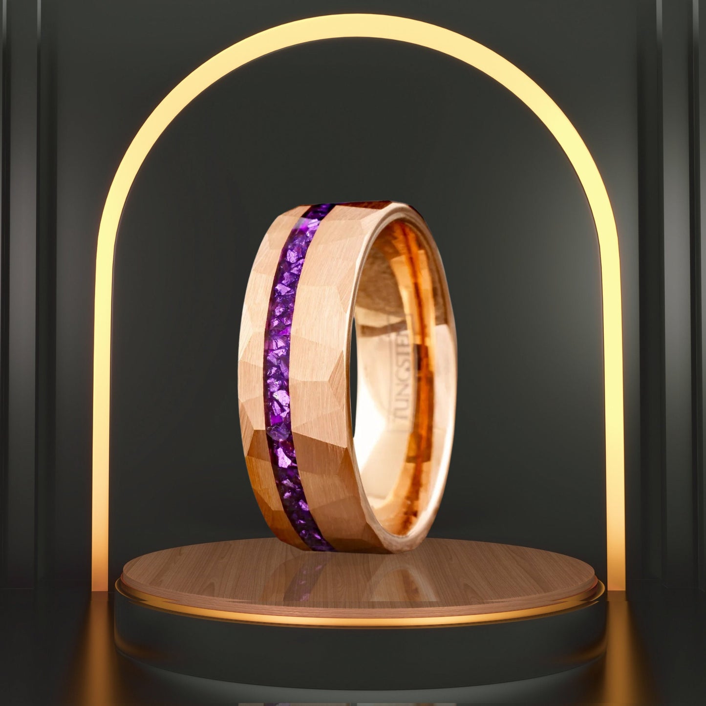 Beveled Purple Amethyst Wedding Band | Hammered Rose Gold Plated Tungsten Carbide Ring Band | Best Gift for Anniversary