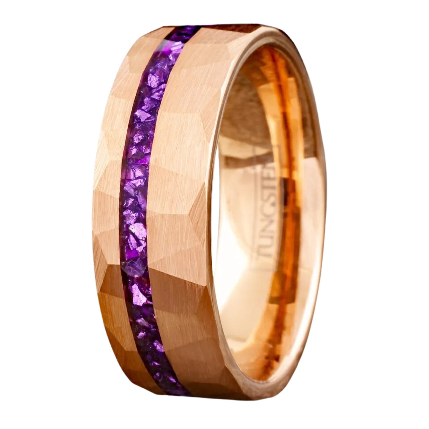 Beveled Purple Amethyst Wedding Band | Hammered Rose Gold Plated Tungsten Carbide Ring Band | Best Gift for Anniversary