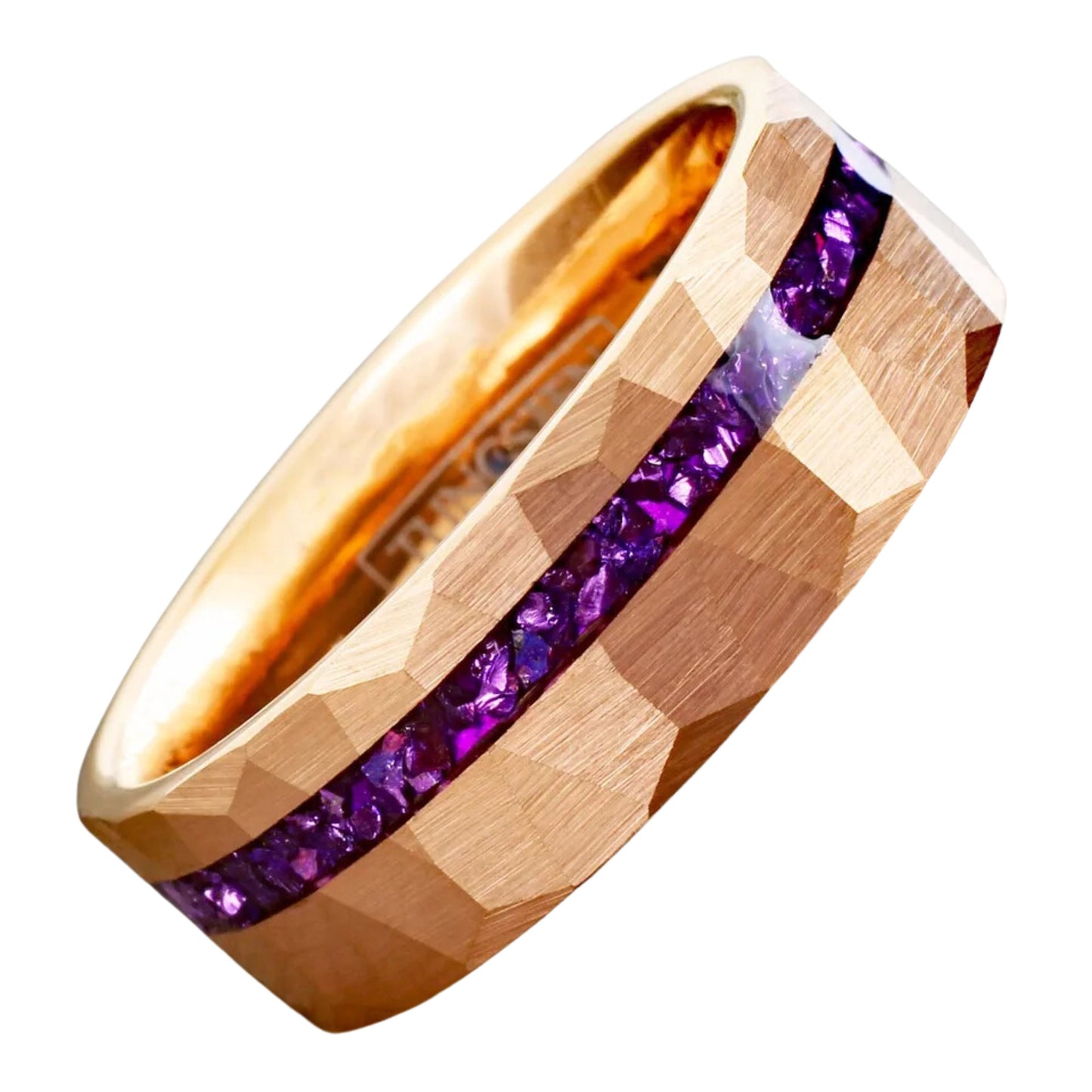 Beveled Purple Amethyst Wedding Band | Hammered Rose Gold Plated Tungsten Carbide Ring Band | Best Gift for Anniversary