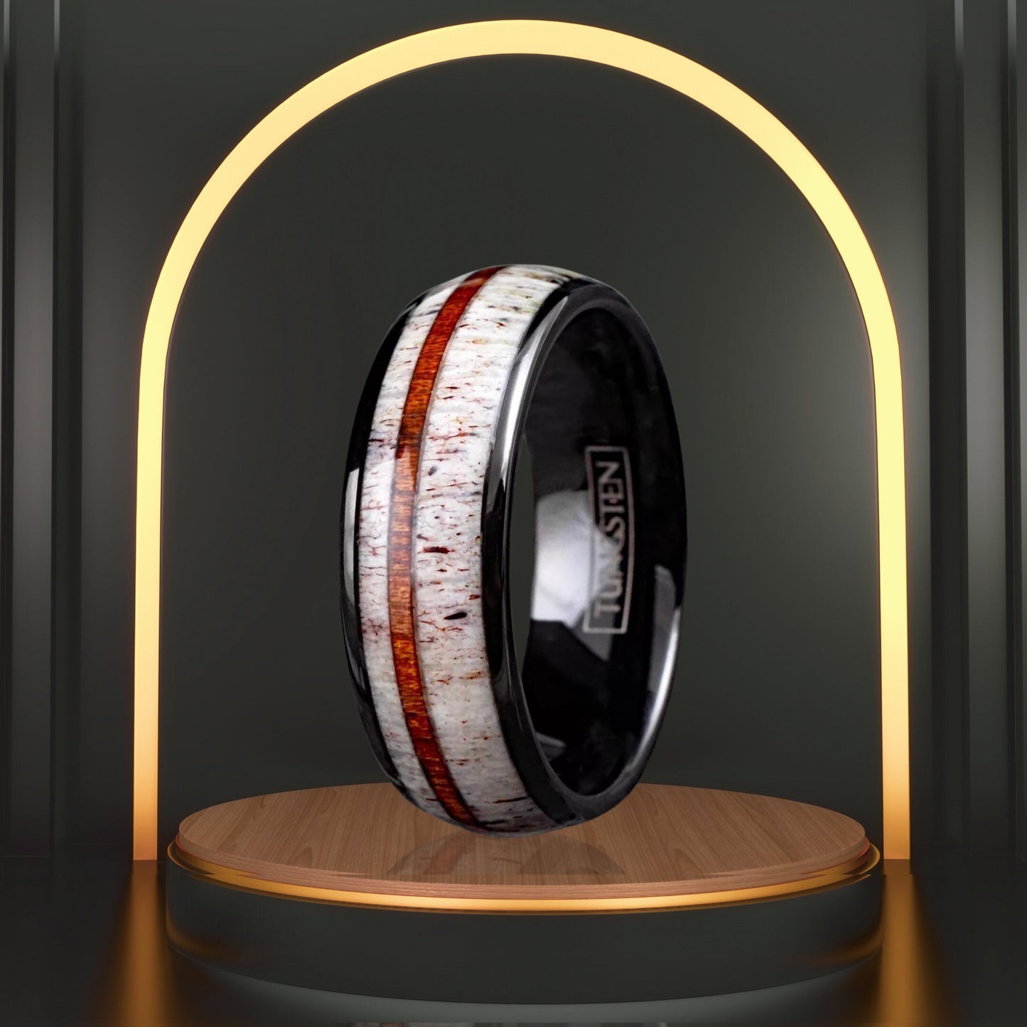 Men’s Deer Antler w/ Sandalwood Stripe Engagement Band | Black Tungsten Men's Ring | Gift for Father | Minimalist Gift
