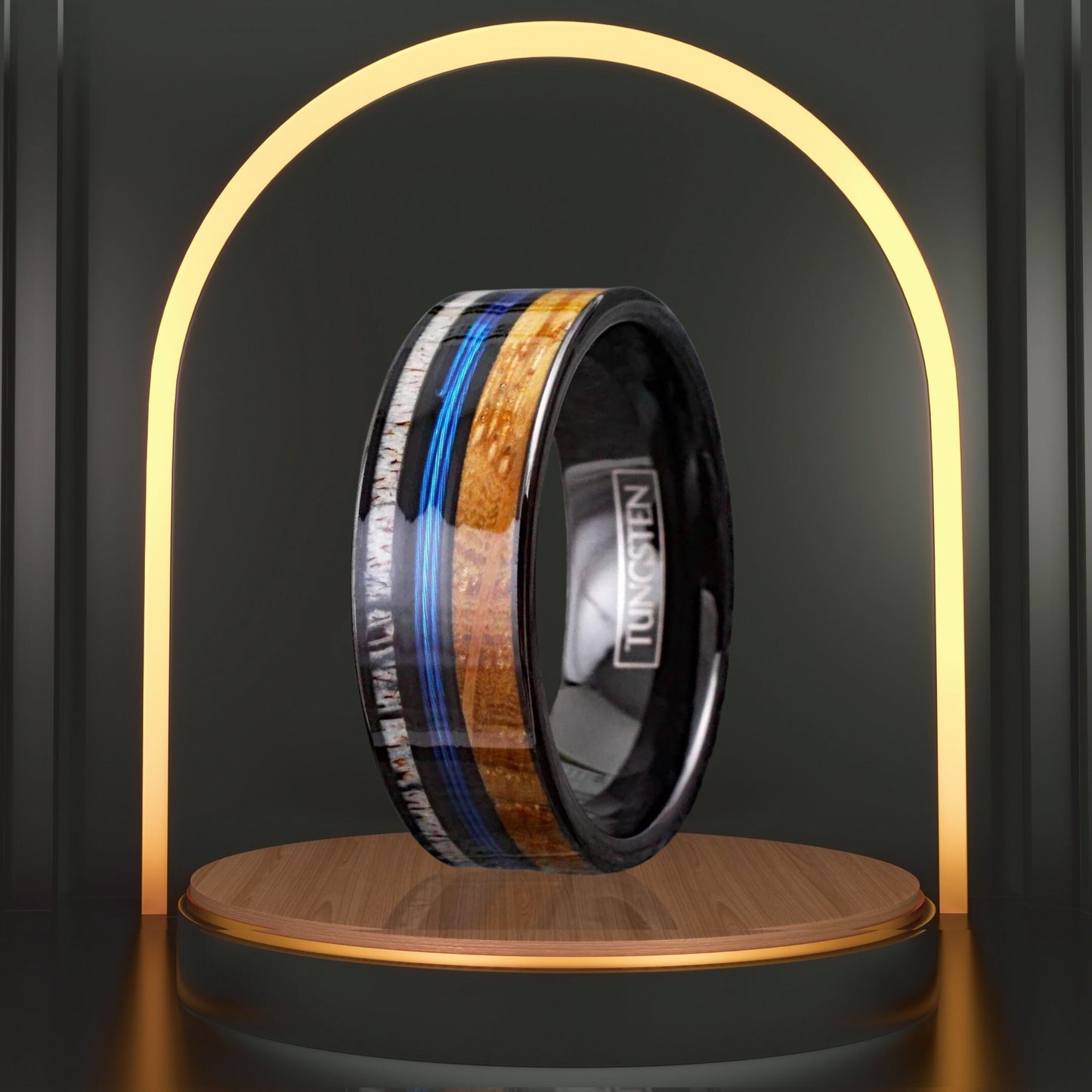 Blue Fishing Line, Deer Antler & Whiskey Barrel Wood Band for Men | Black Tungsten Men's Ring | Personalization Available