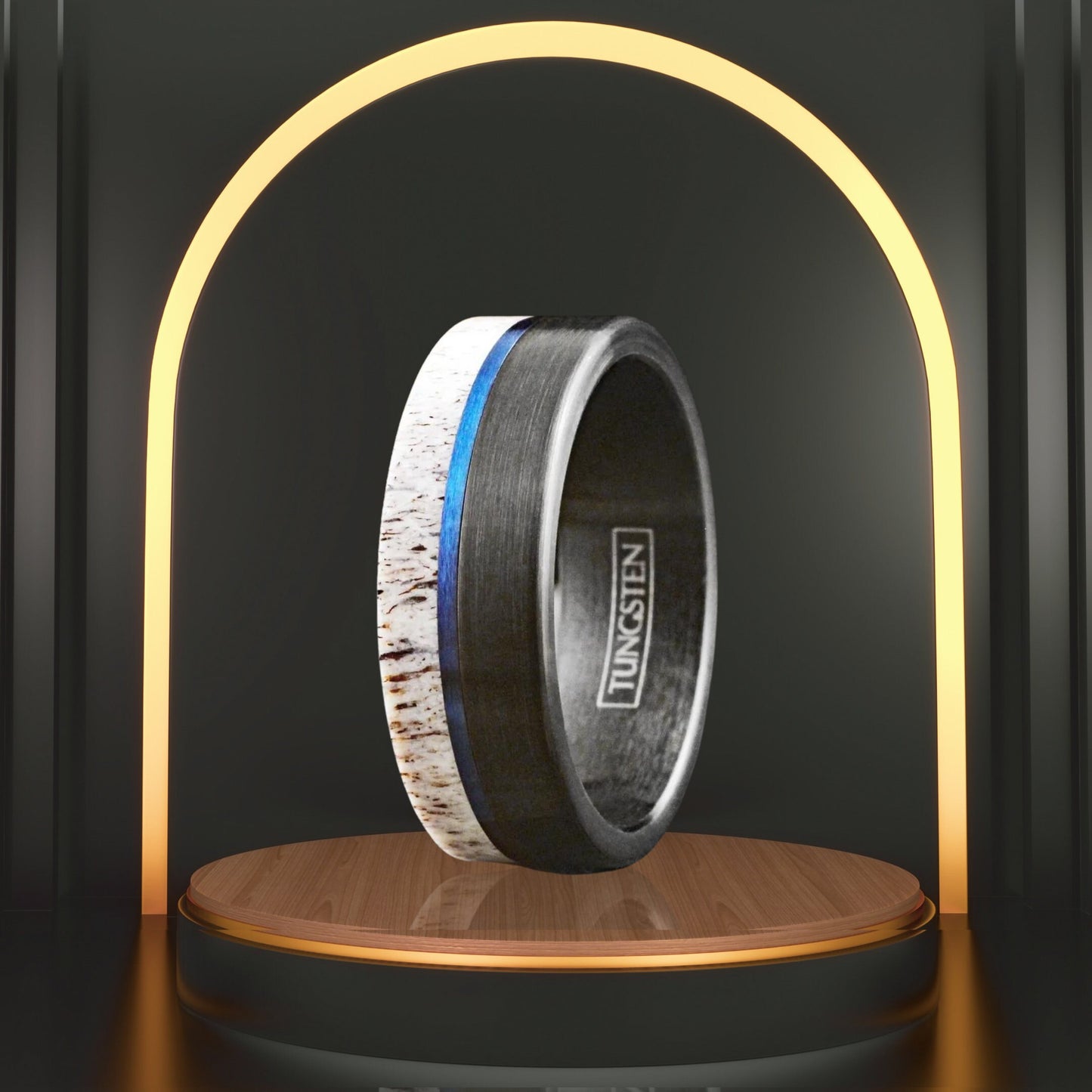 Customizable Men's Deer Antler w/ Blue Stripe Tungsten Ring | Wedding Band for Men | Gift for Him | Dainty Jewelry