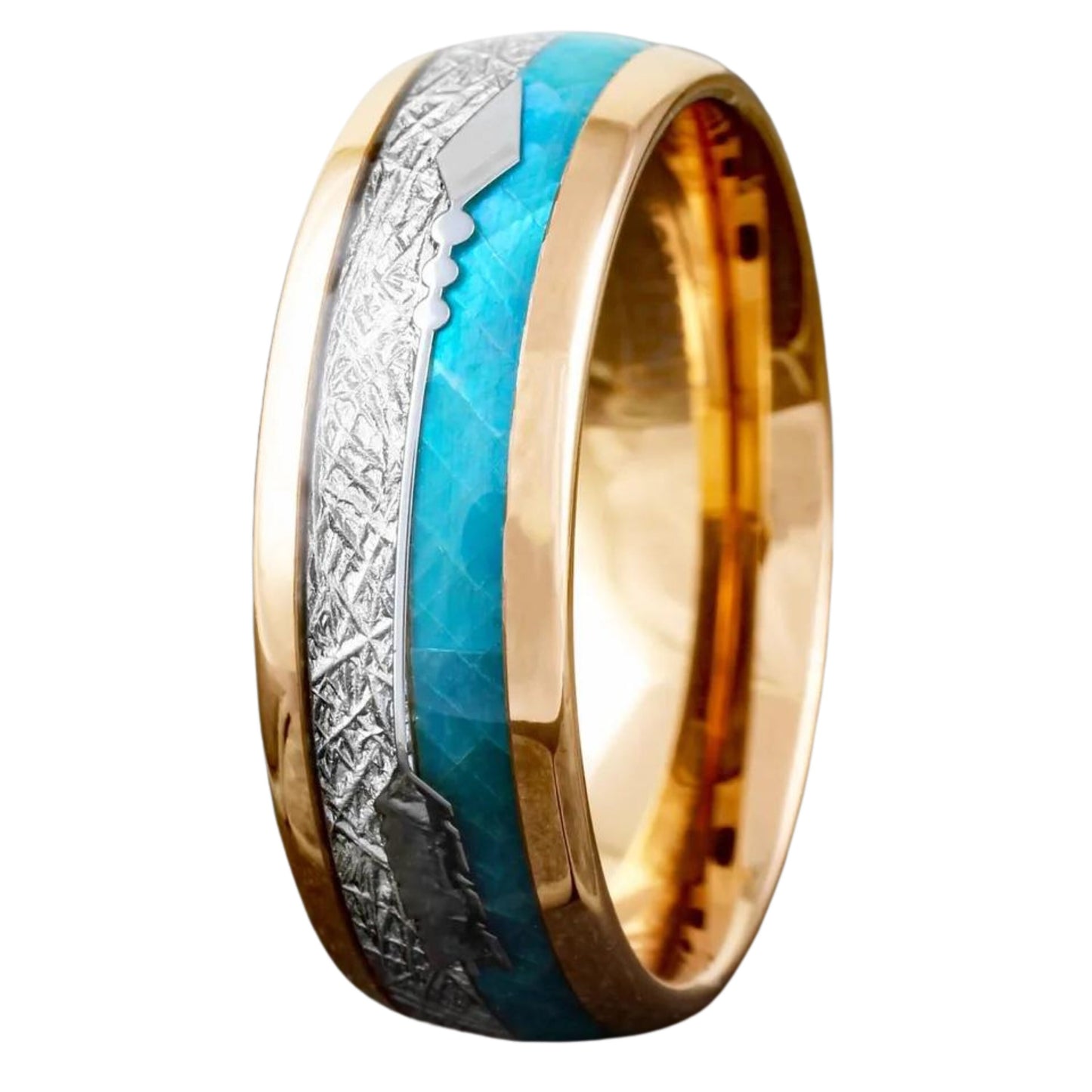 Personalized Rose Gold Plated Tungsten Ring | Faux Blue Opal & Meteorite Wedding Band Ring | Gift for Men
