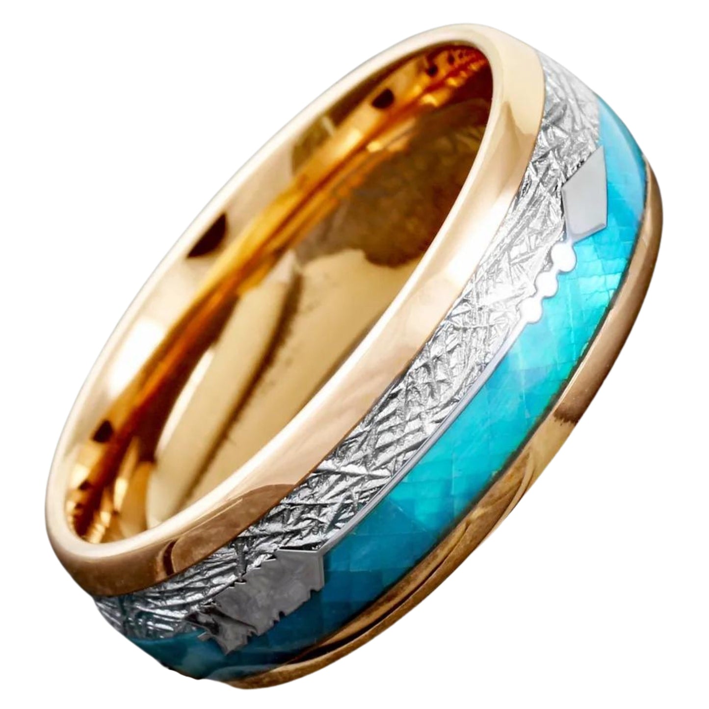Personalized Rose Gold Plated Tungsten Ring | Faux Blue Opal & Meteorite Wedding Band Ring | Gift for Men