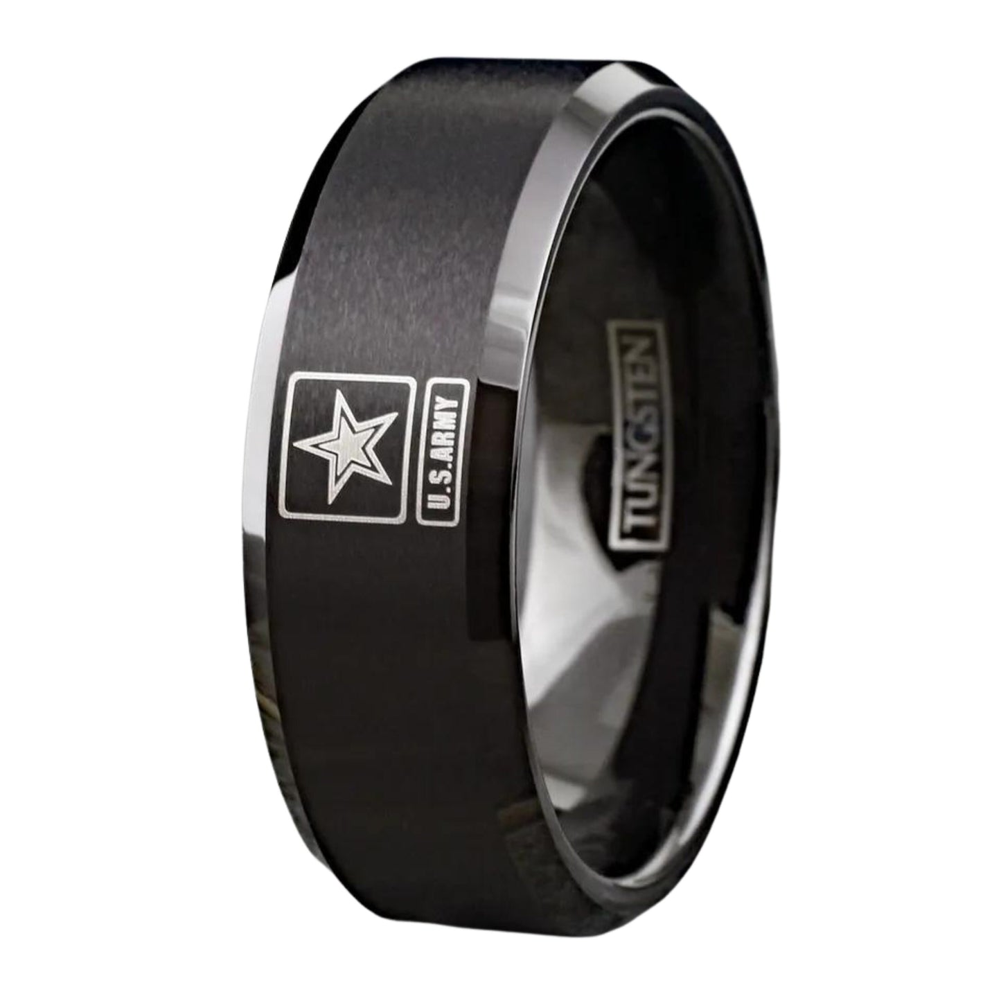 Personalized Patriotic United States U.S. Army Military Wedding Band | Black Tungsten Carbide Men's Ring | 8mm Width Ring Band
