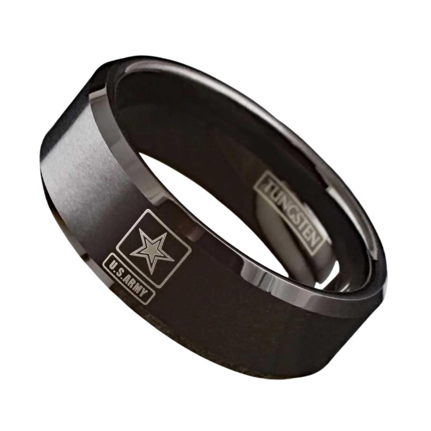 Personalized Patriotic United States U.S. Army Military Wedding Band | Black Tungsten Carbide Men's Ring | 8mm Width Ring Band