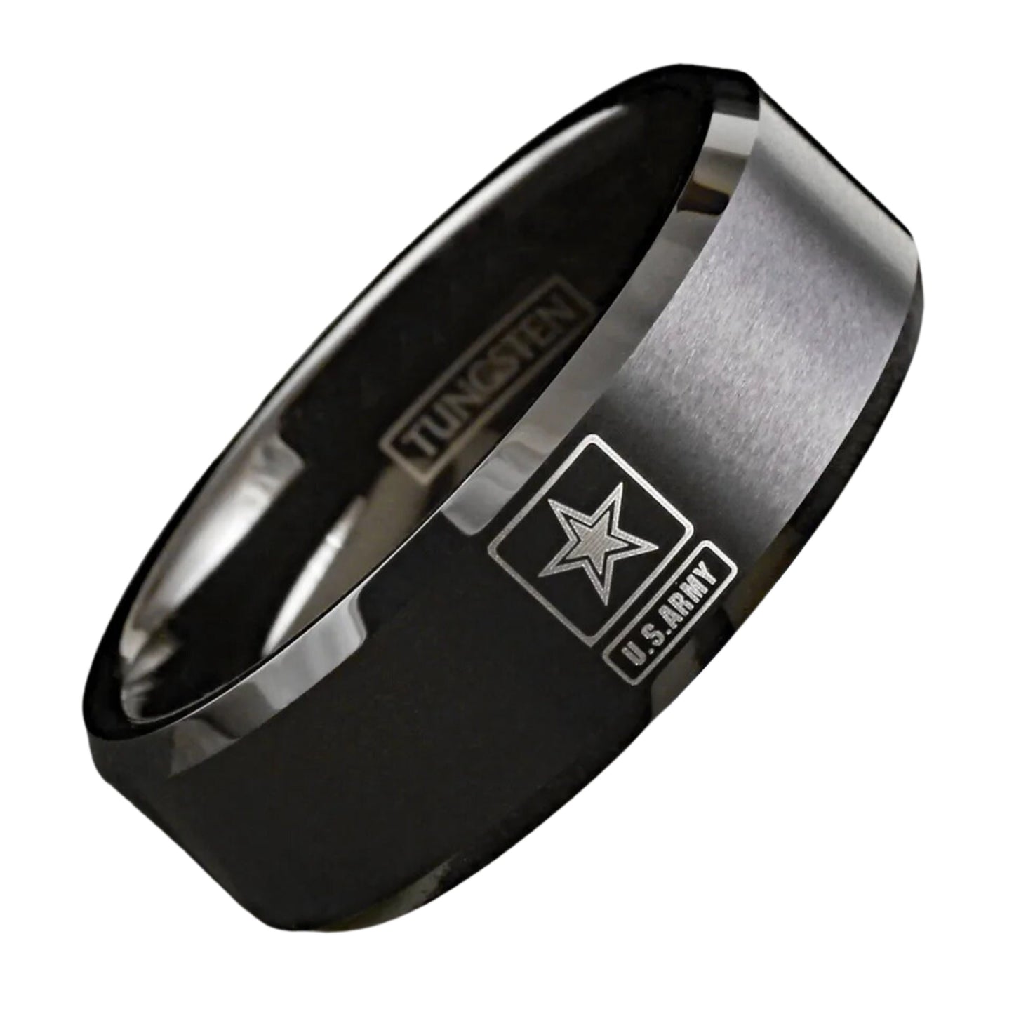 Personalized Patriotic United States U.S. Army Military Wedding Band | Black Tungsten Carbide Men's Ring | 8mm Width Ring Band