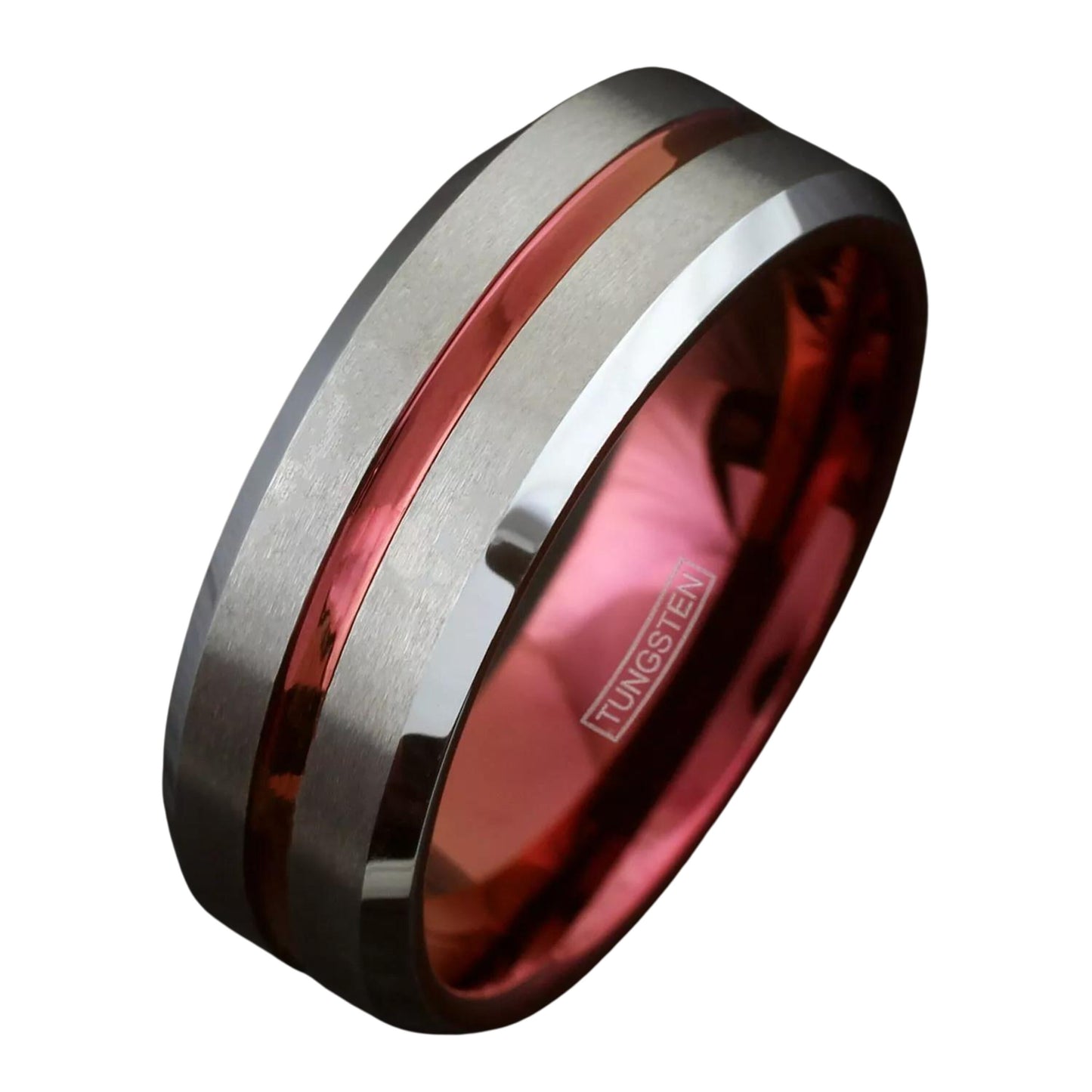 8mm Brushed Tungsten Ring for Men | Personalized Silver w/ Wine Red Grooved Men's Wedding Band | Gift for Valentines