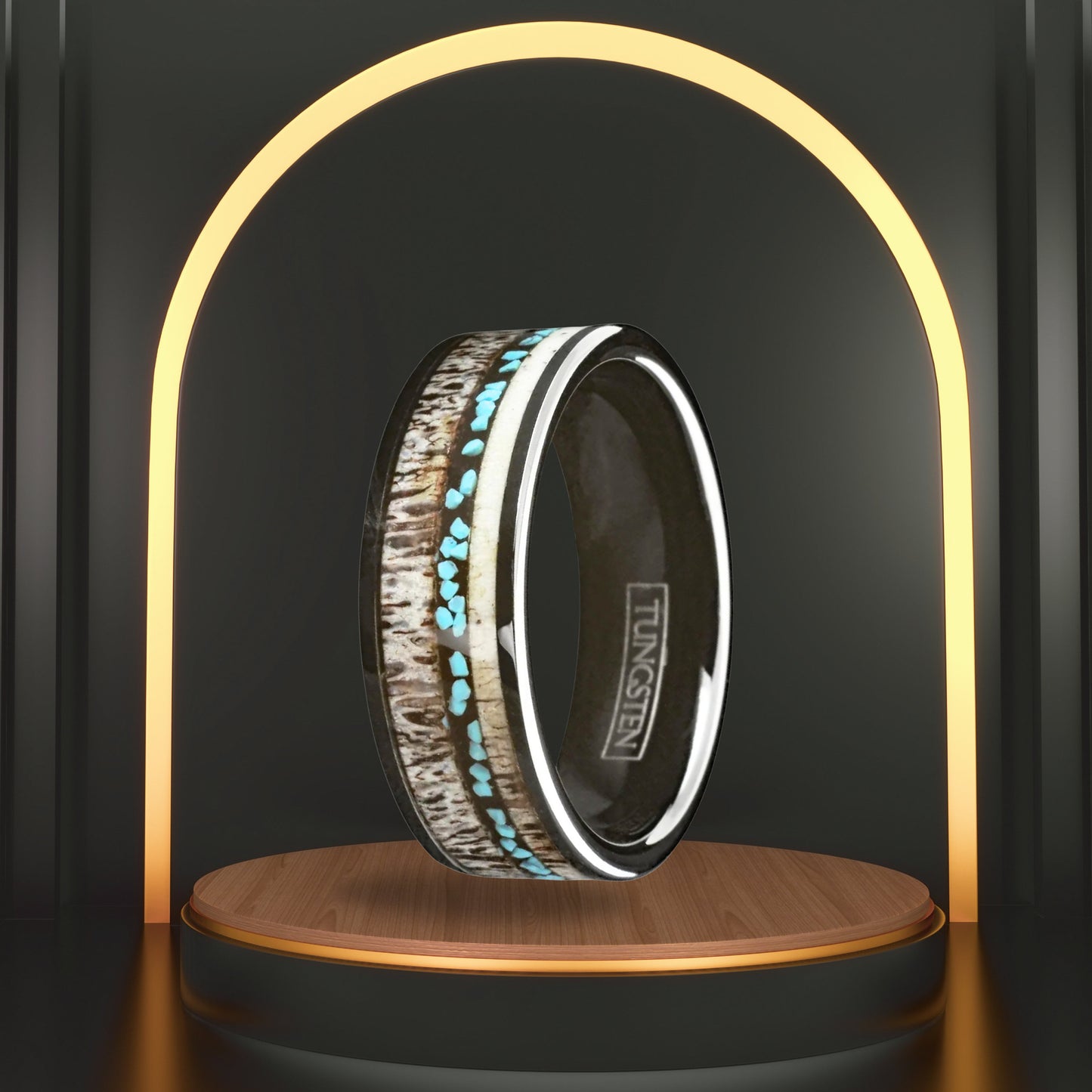 Personalized Deer Antler & Turquoise Wedding Band | Black Tungsten Carbide Men's Ring | Memorial Day Gifts | 8mm Width