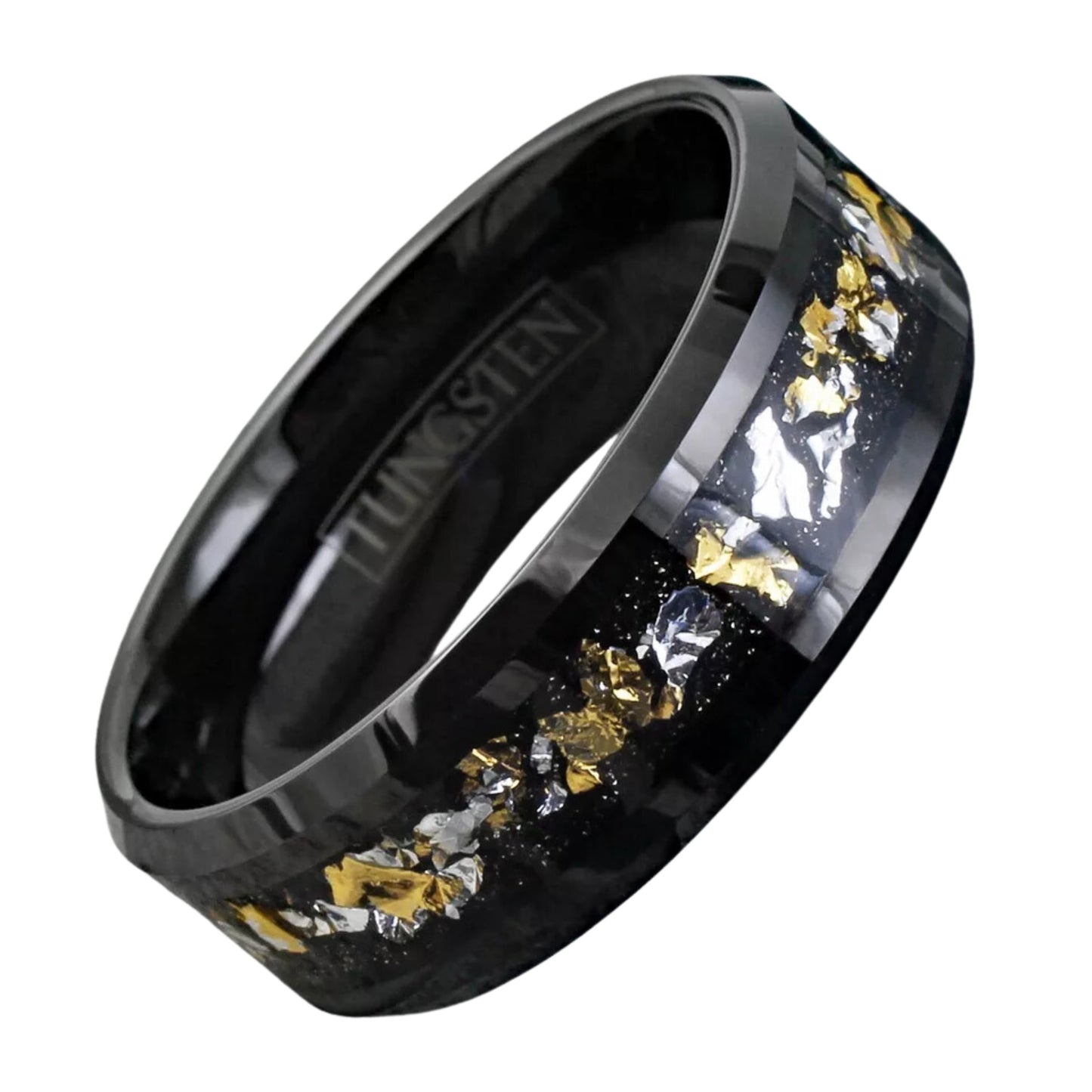 Gold & White Leaf Tungsten Carbide Ring, Black Men's Wedding Band Ring 24K, Minimalist Traditional Ring | 8mm Width