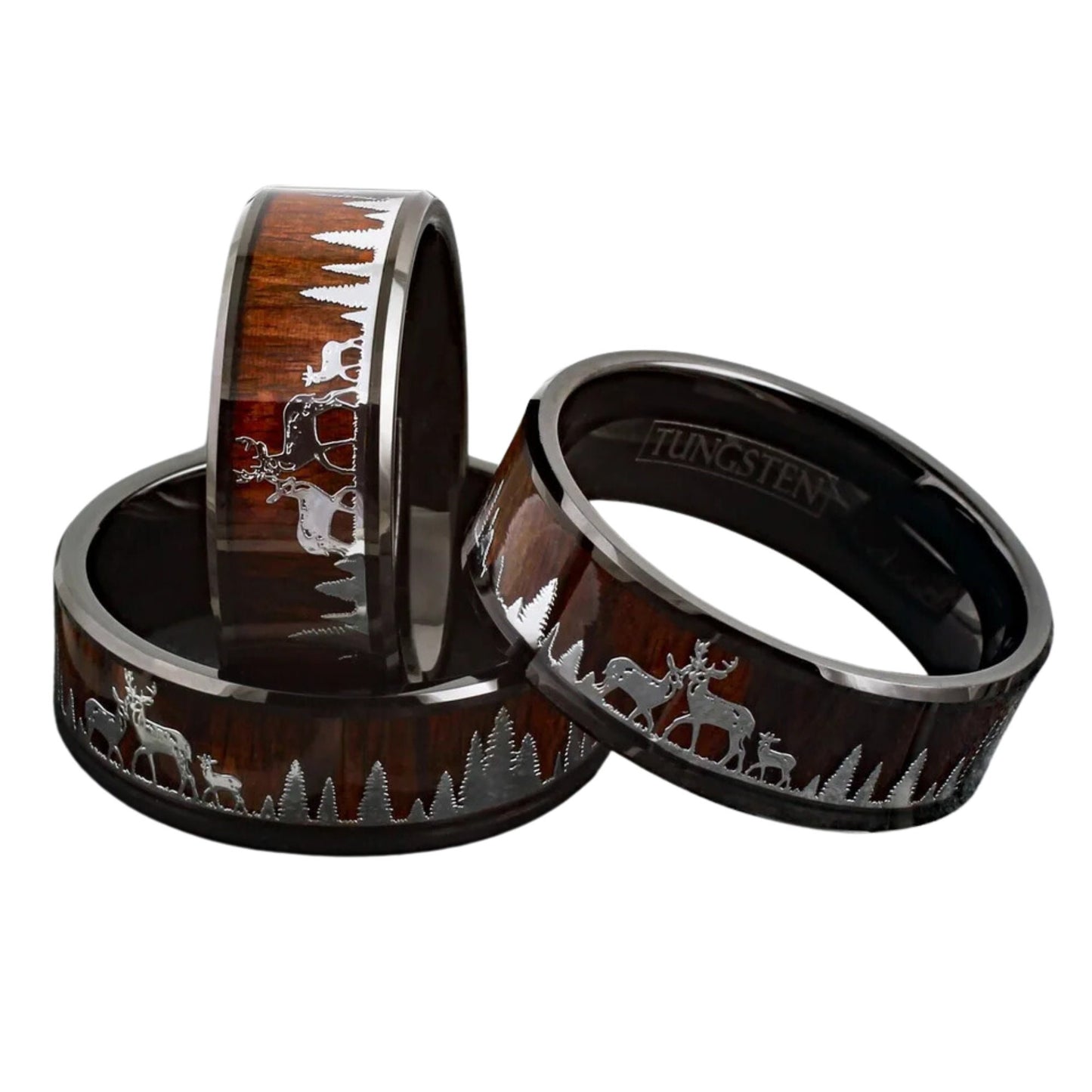 Deer Animal Family Band for Men | Black Tungsten and Natural Forest Wood Ring | Personalized Jewelry for Him | 8mm Width