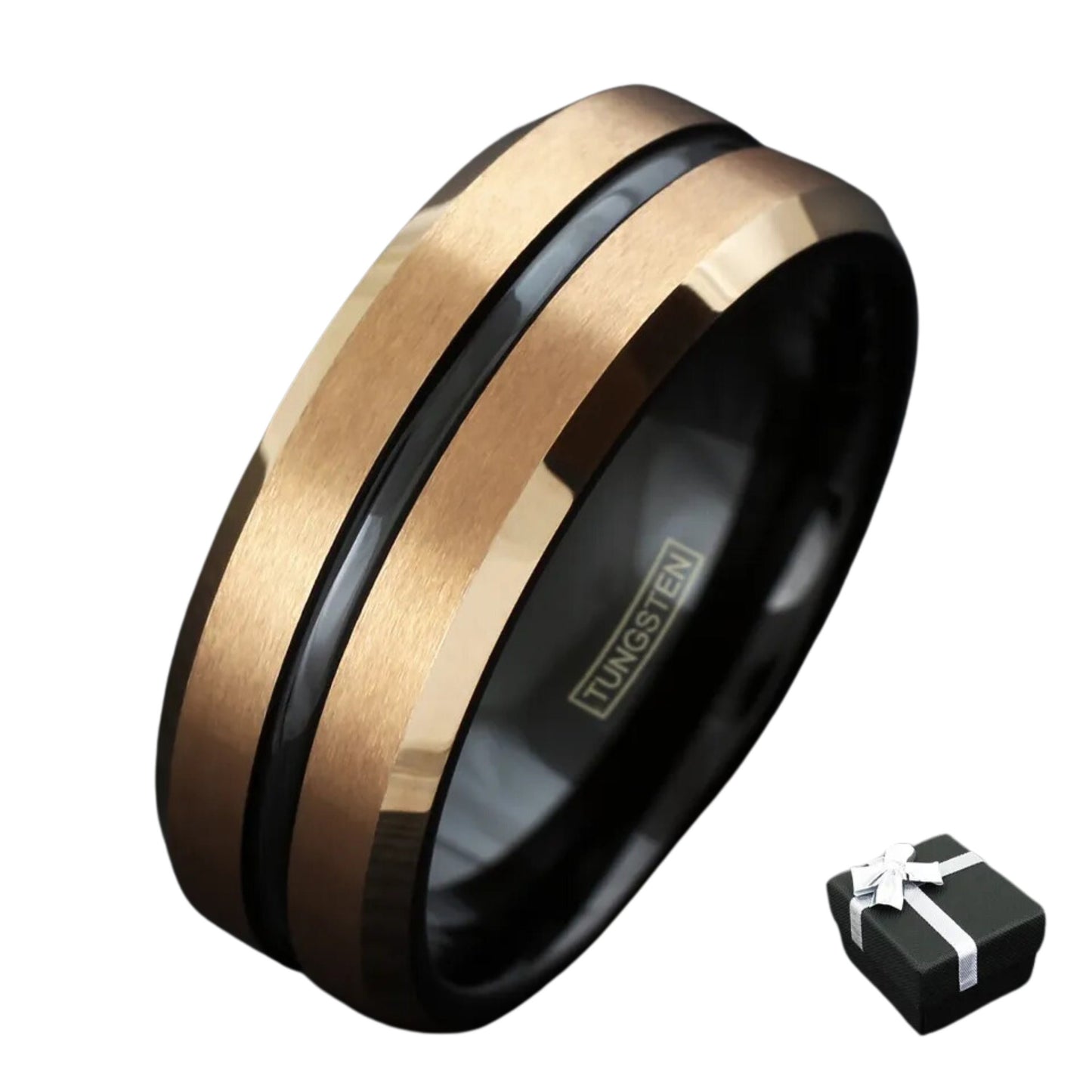 Engravable Tungsten RIng Jewelry | Men's Brushed Rose Gold Plated w/ Black Stripe Wedding Band Ring | 8mm Tungsten Band with Box