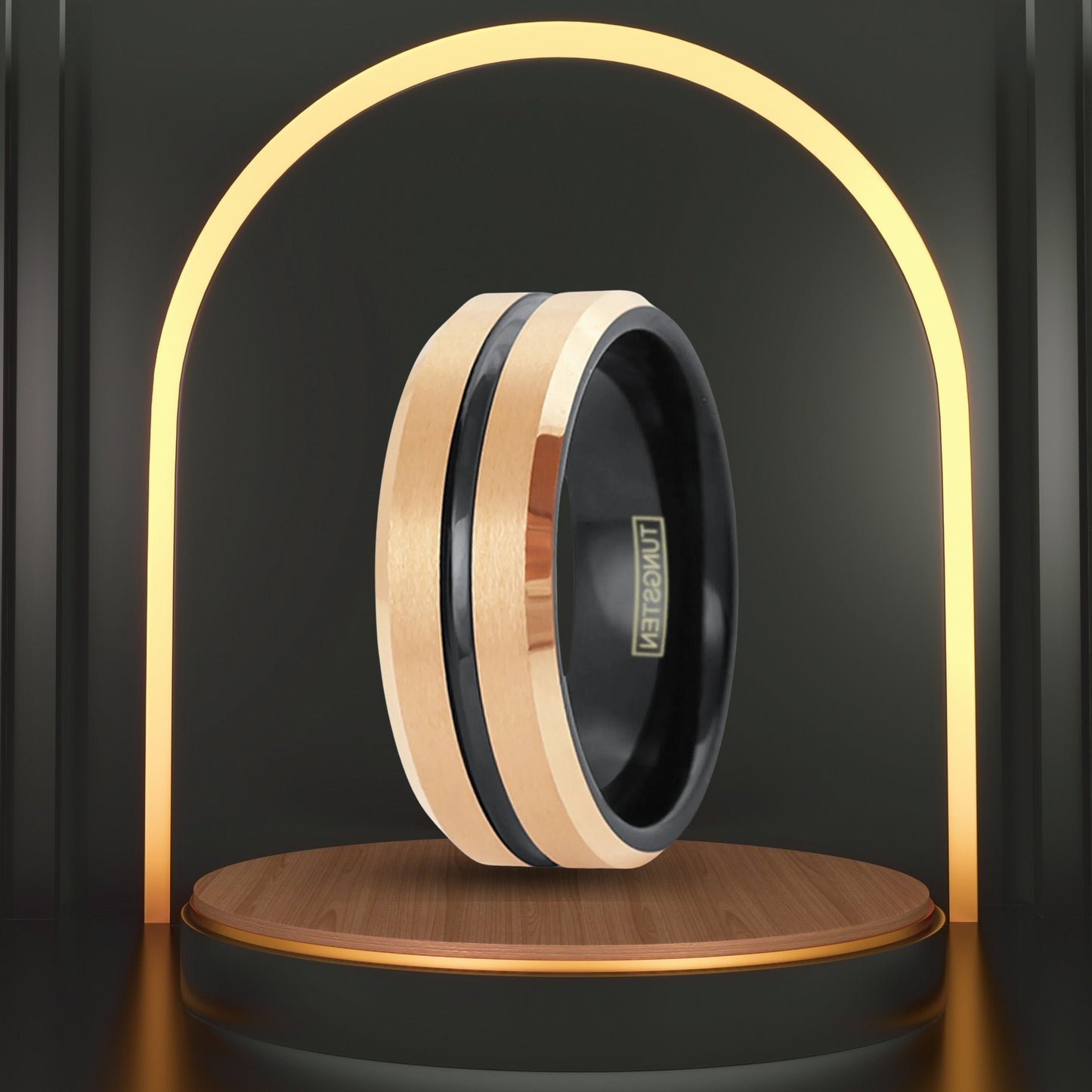 Engravable Tungsten RIng Jewelry | Men's Brushed Rose Gold Plated w/ Black Stripe Wedding Band Ring | 8mm Tungsten Band with Box