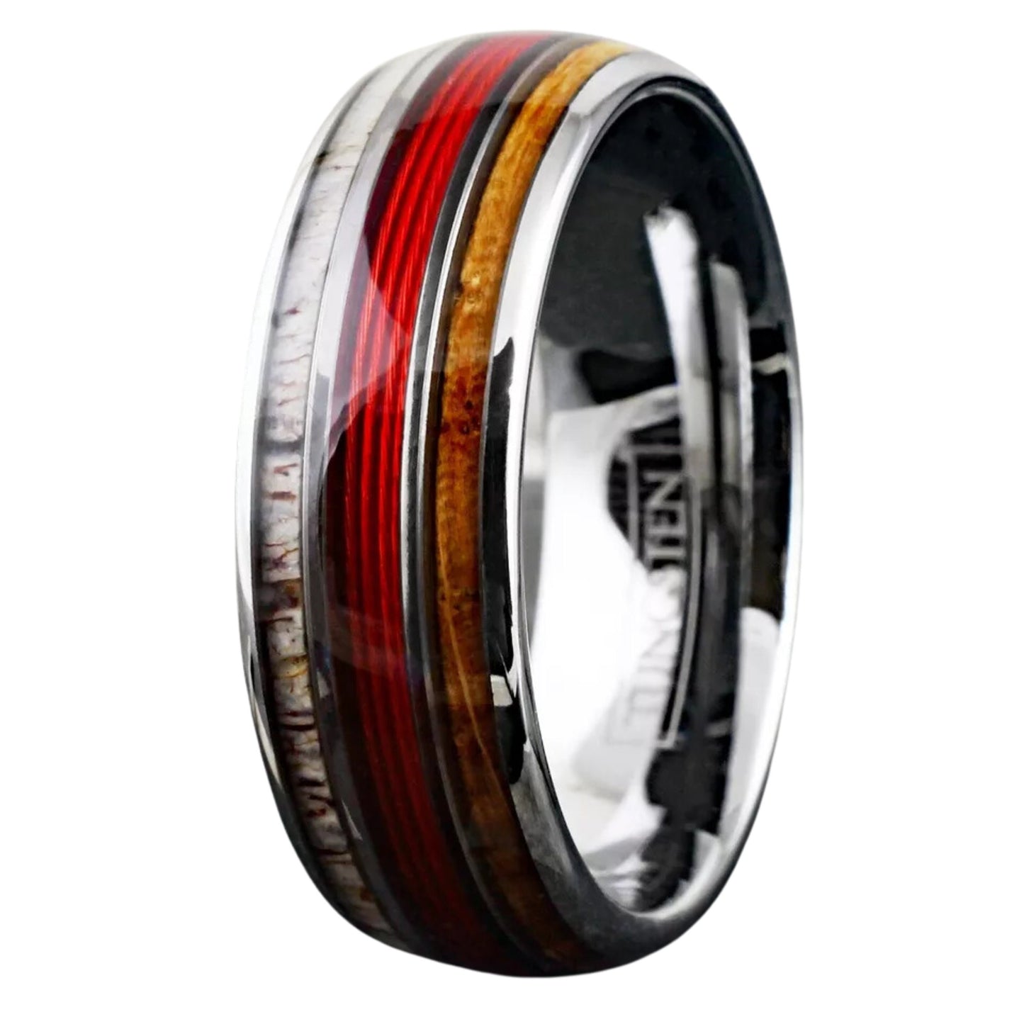 Minimalist Engravable Red Fishing Line-Whiskey Barrel & Deer Antler Band | Black Tungsten Ring for Engagement | Unique Gift