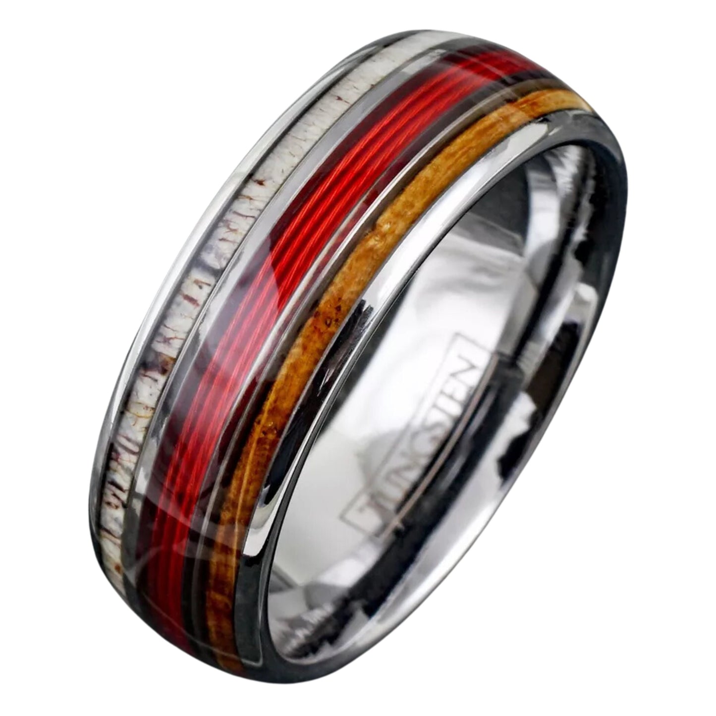 Minimalist Engravable Red Fishing Line-Whiskey Barrel & Deer Antler Band | Black Tungsten Ring for Engagement | Unique Gift