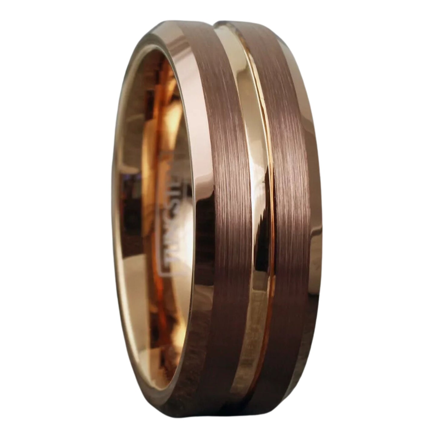 Personalized 8mm Bronze-Brown Tungsten Men's Ring | Rose Gold Plated Stripe Wedding Band for Groomsmen