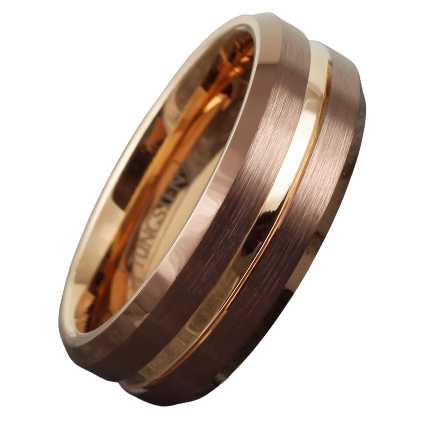 Personalized 8mm Bronze-Brown Tungsten Men's Ring | Rose Gold Plated Stripe Wedding Band for Groomsmen