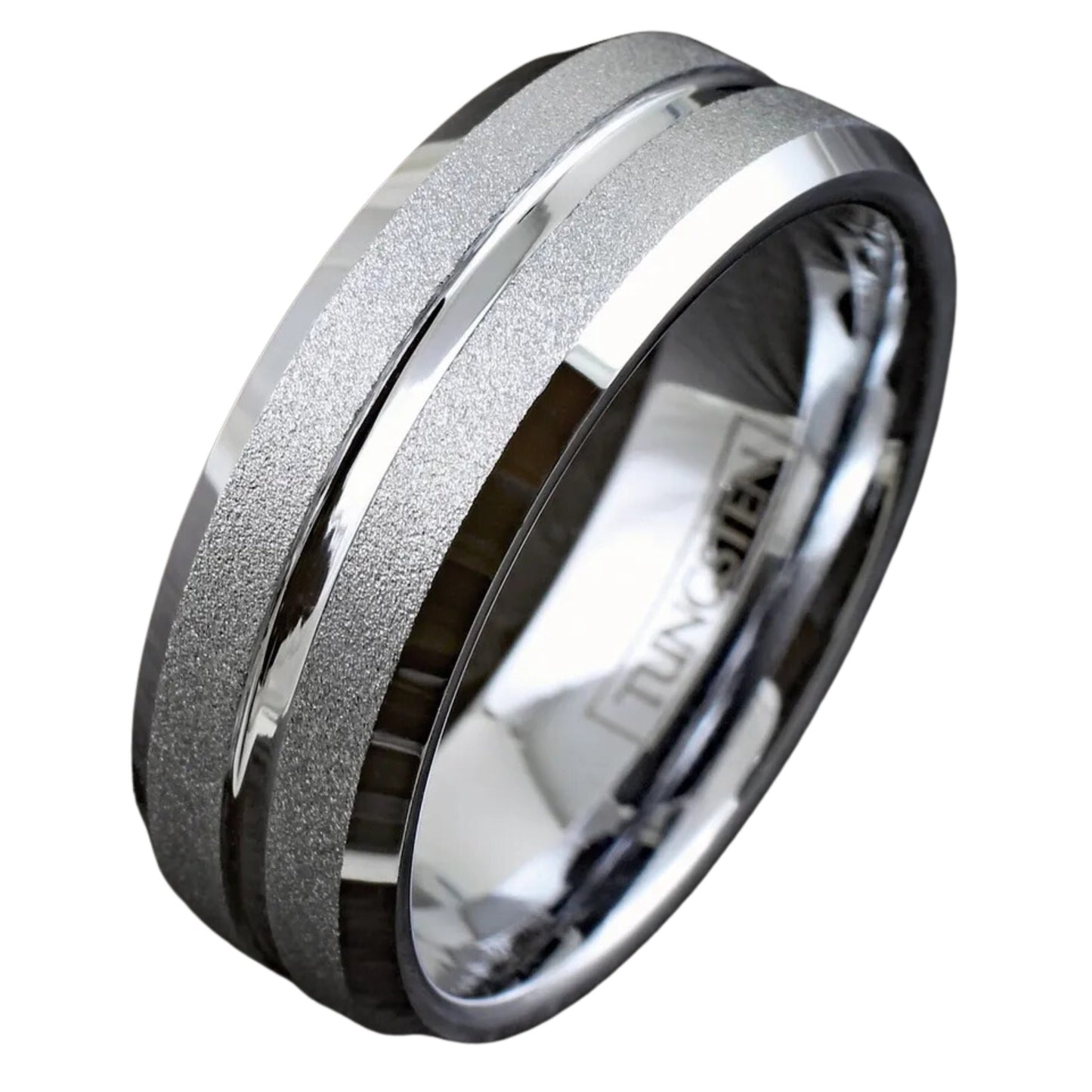 Black and Silver Sand Blast Tungsten Band | Men's Silver Inlay Groove Wedding Band Ring | Gift for Father | 8mm Elegant Ring
