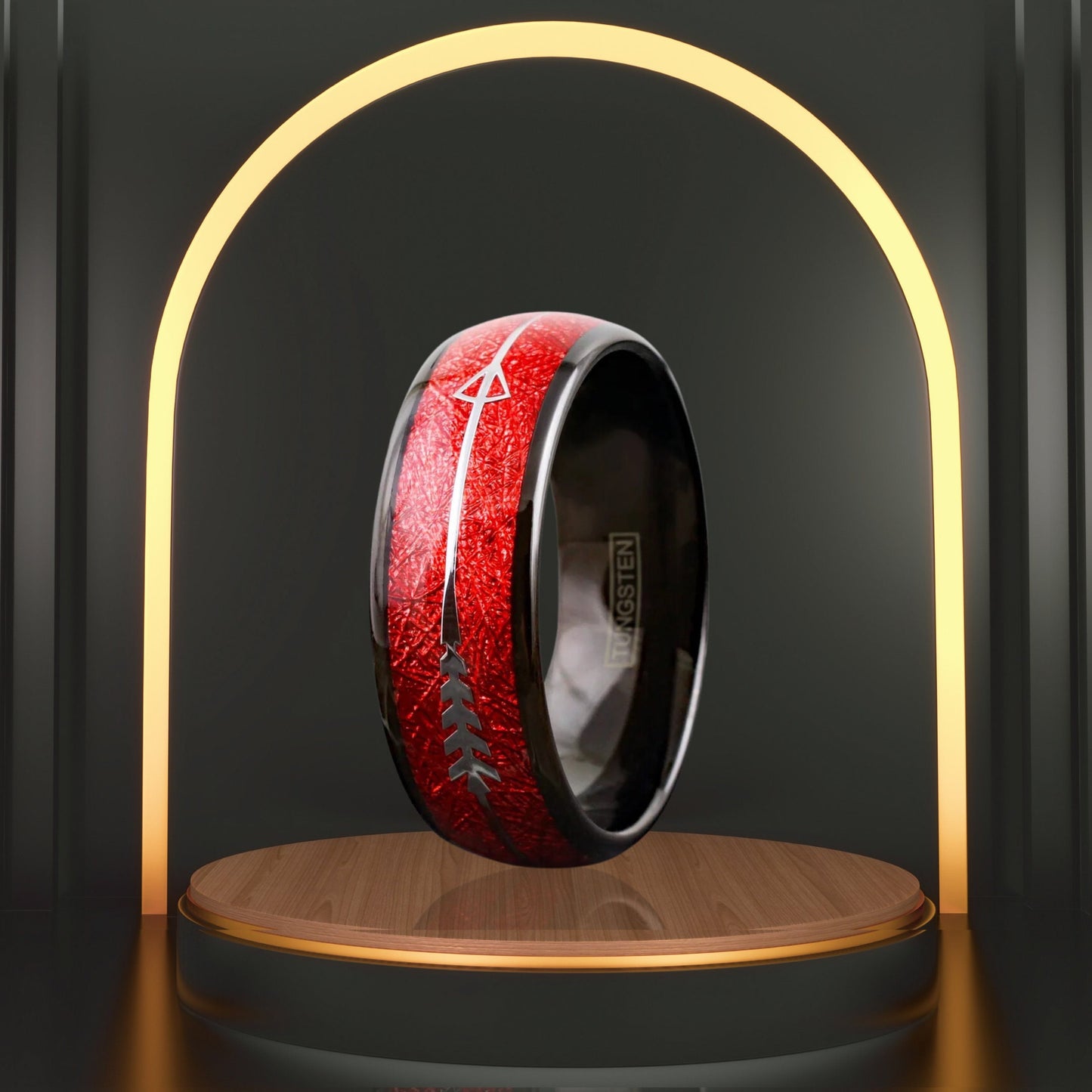 Engravable Red Meteorite w/ Silver Arrow Wedding Band | Black Tungsten Men's Ring | Father’s Day Gift