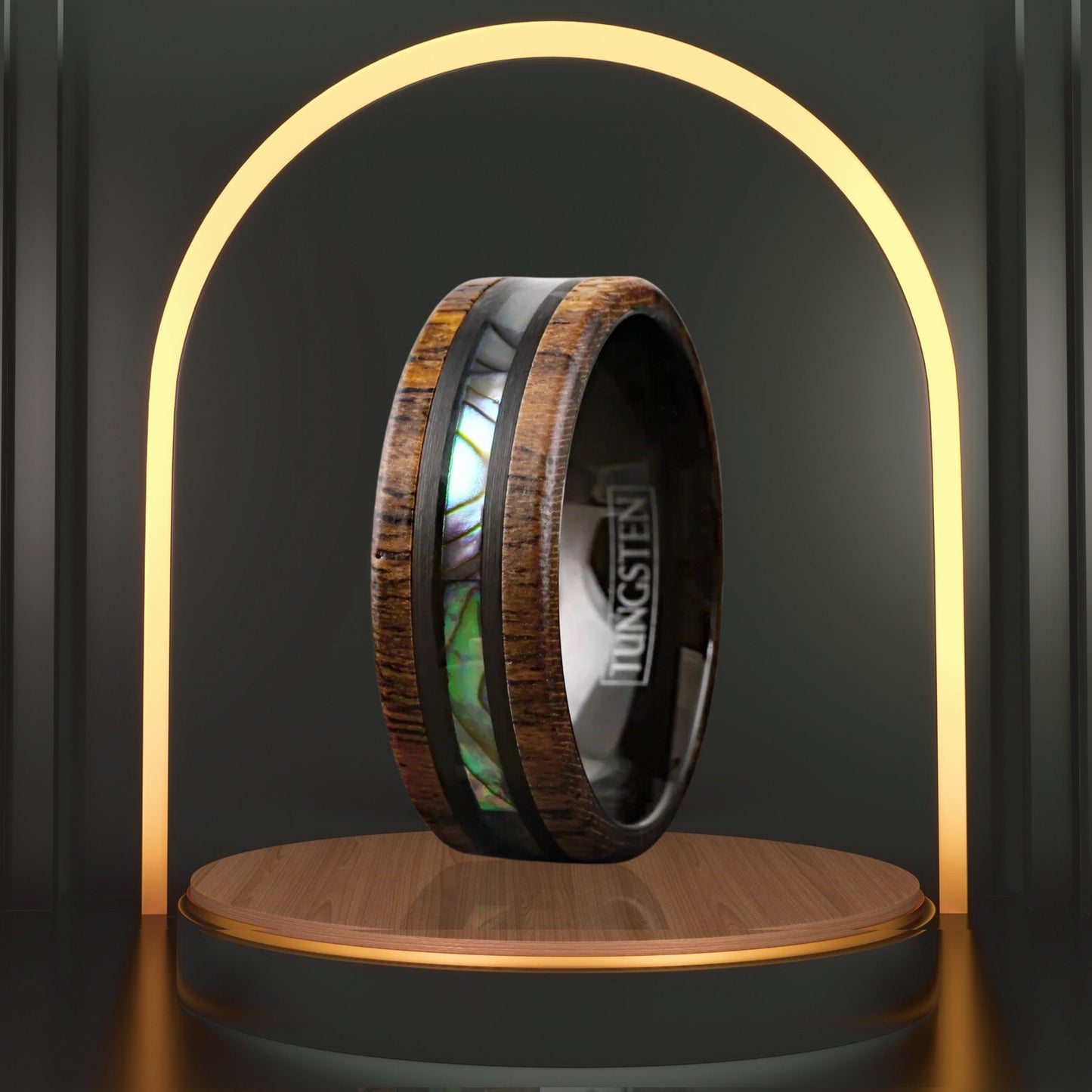 Personalized Black Men's Tungsten Ring | Golden Sandalwood with Abalone Inlay | Wedding Band for Groom