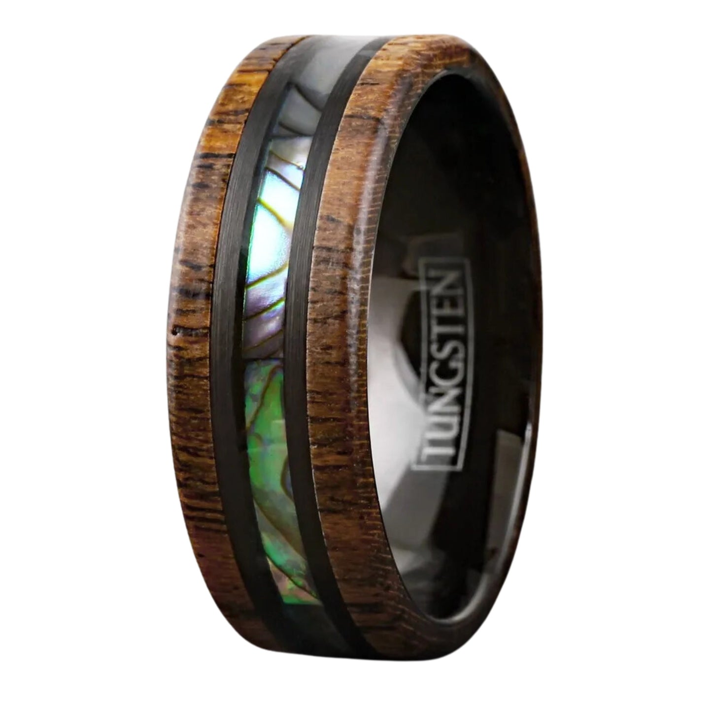 Personalized Black Men's Tungsten Ring | Golden Sandalwood with Abalone Inlay | Wedding Band for Groom