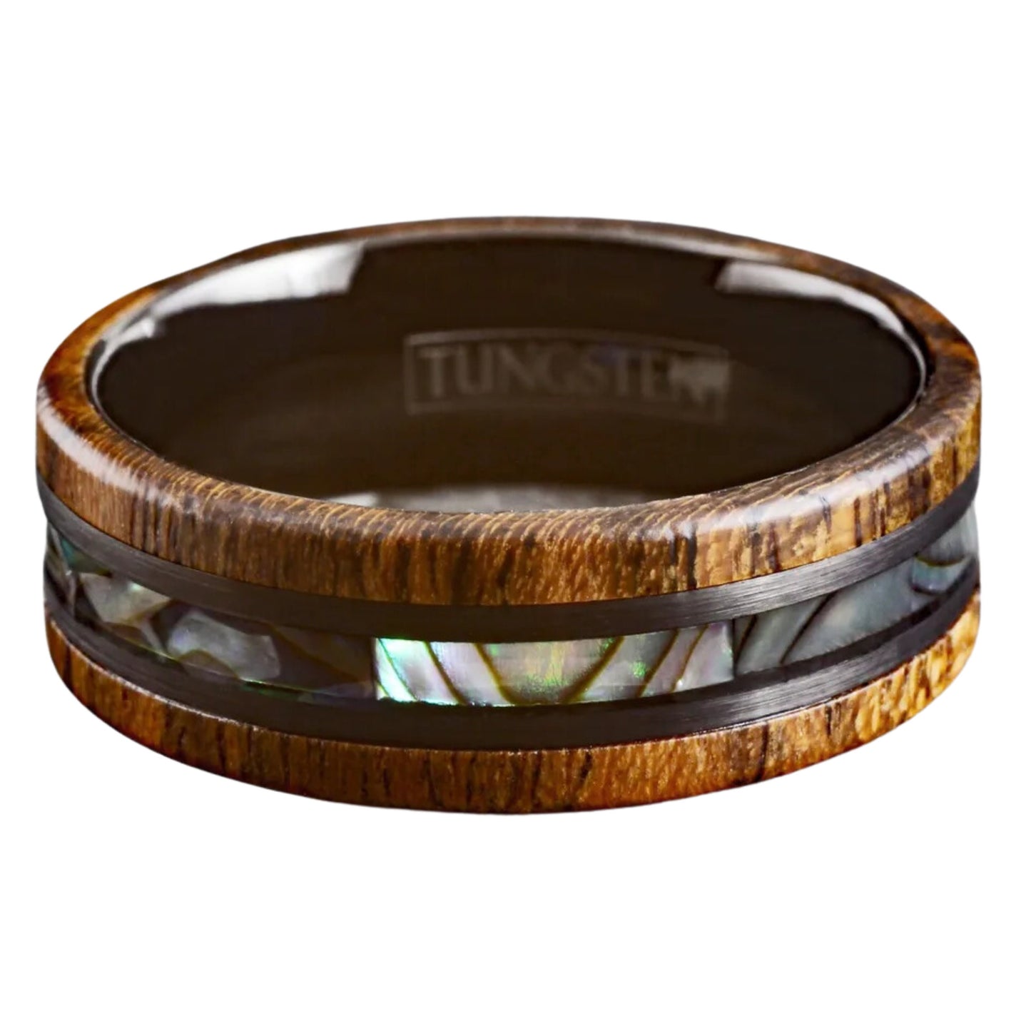 Personalized Black Men's Tungsten Ring | Golden Sandalwood with Abalone Inlay | Wedding Band for Groom