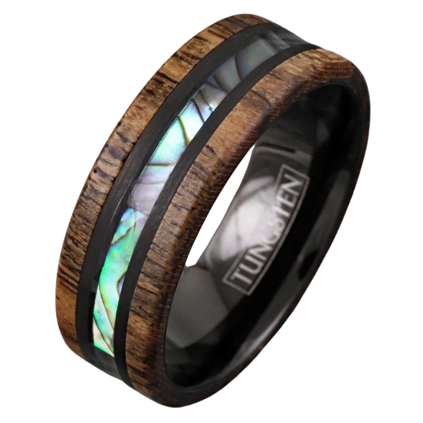 Personalized Black Men's Tungsten Ring | Golden Sandalwood with Abalone Inlay | Wedding Band for Groom