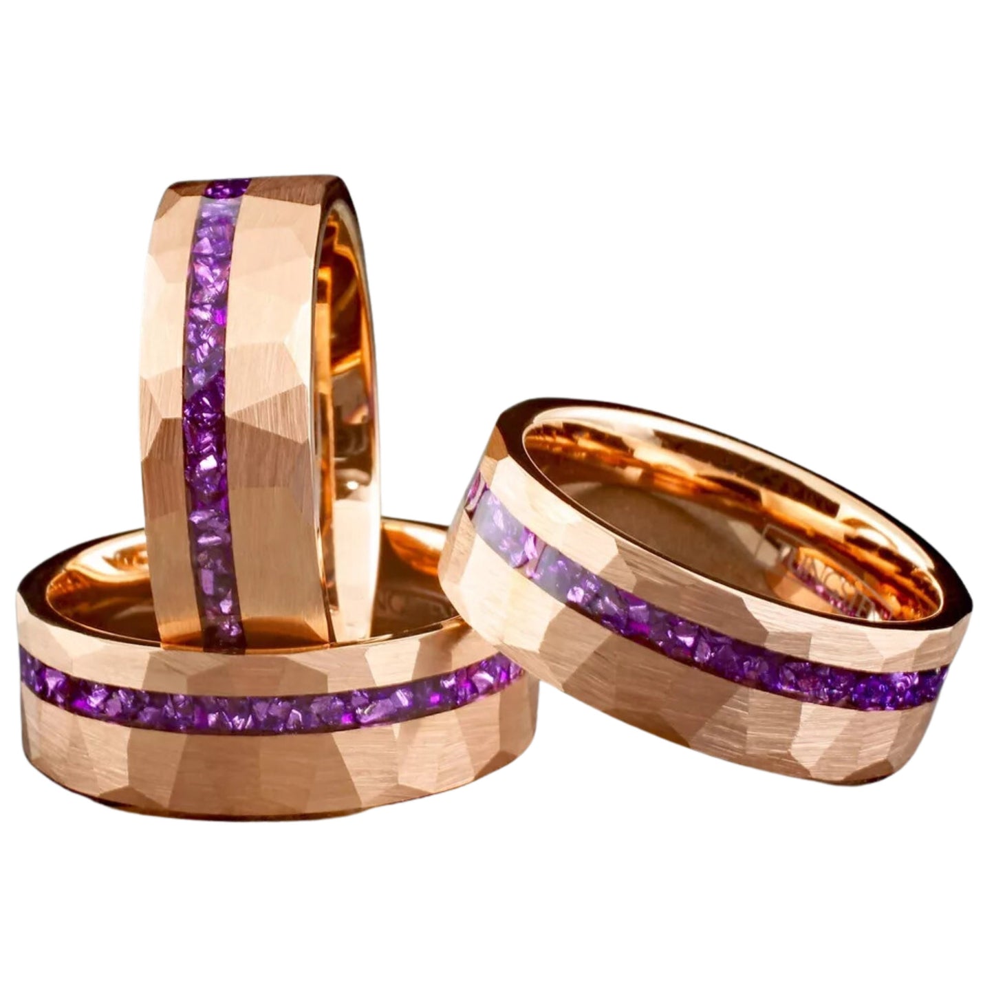 Beveled Purple Amethyst Wedding Band | Hammered Rose Gold Plated Tungsten Carbide Ring Band | Best Gift for Anniversary