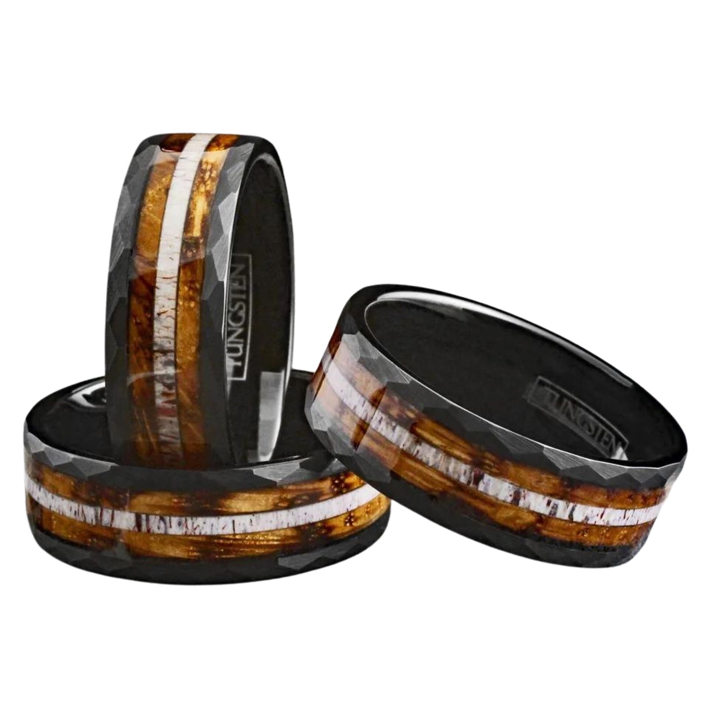 Whiskey Barrel Wood and Deer Antler Inlay on Black Tungsten Ring | Classy Beige Ring for Men | Men’s Formal Accessories
