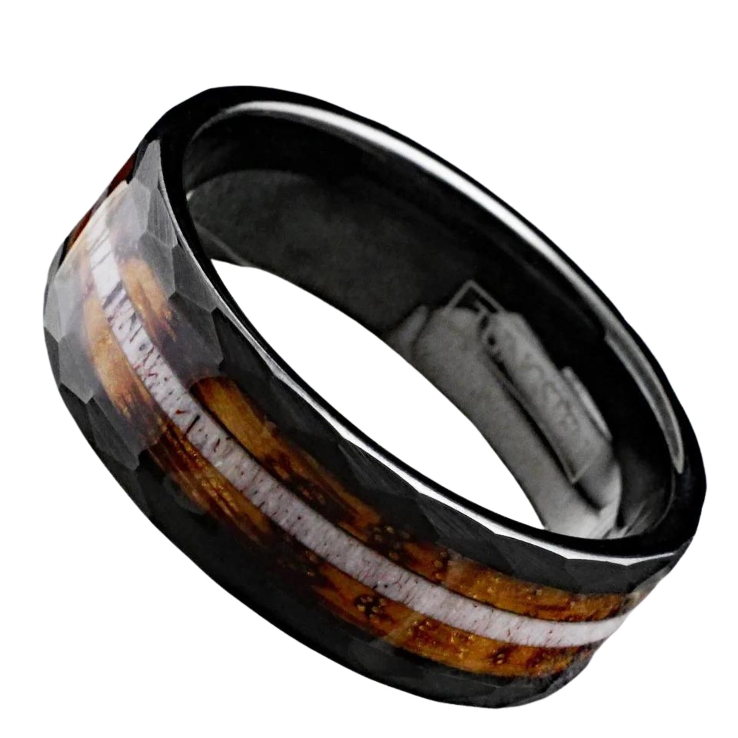 Whiskey Barrel Wood and Deer Antler Inlay on Black Tungsten Ring | Classy Beige Ring for Men | Men’s Formal Accessories